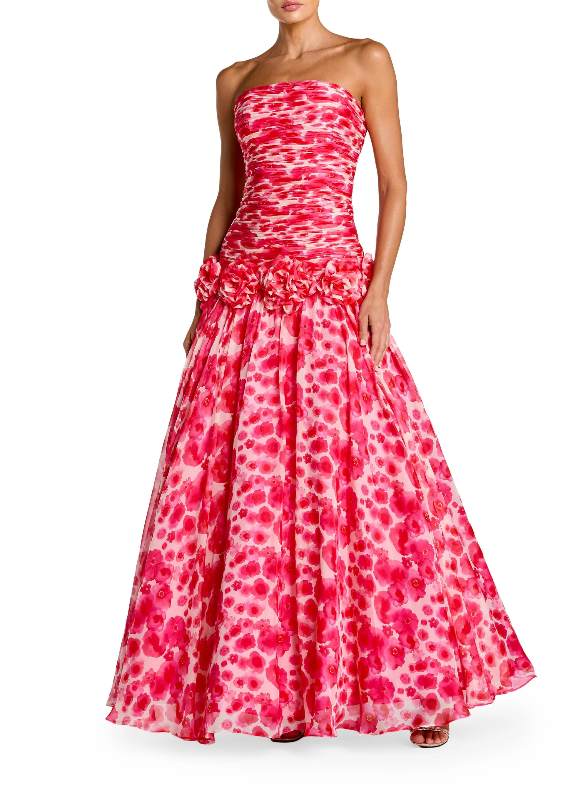 Women's Floral Chiffon Strapless Gown - Grapefruit Multi - 1