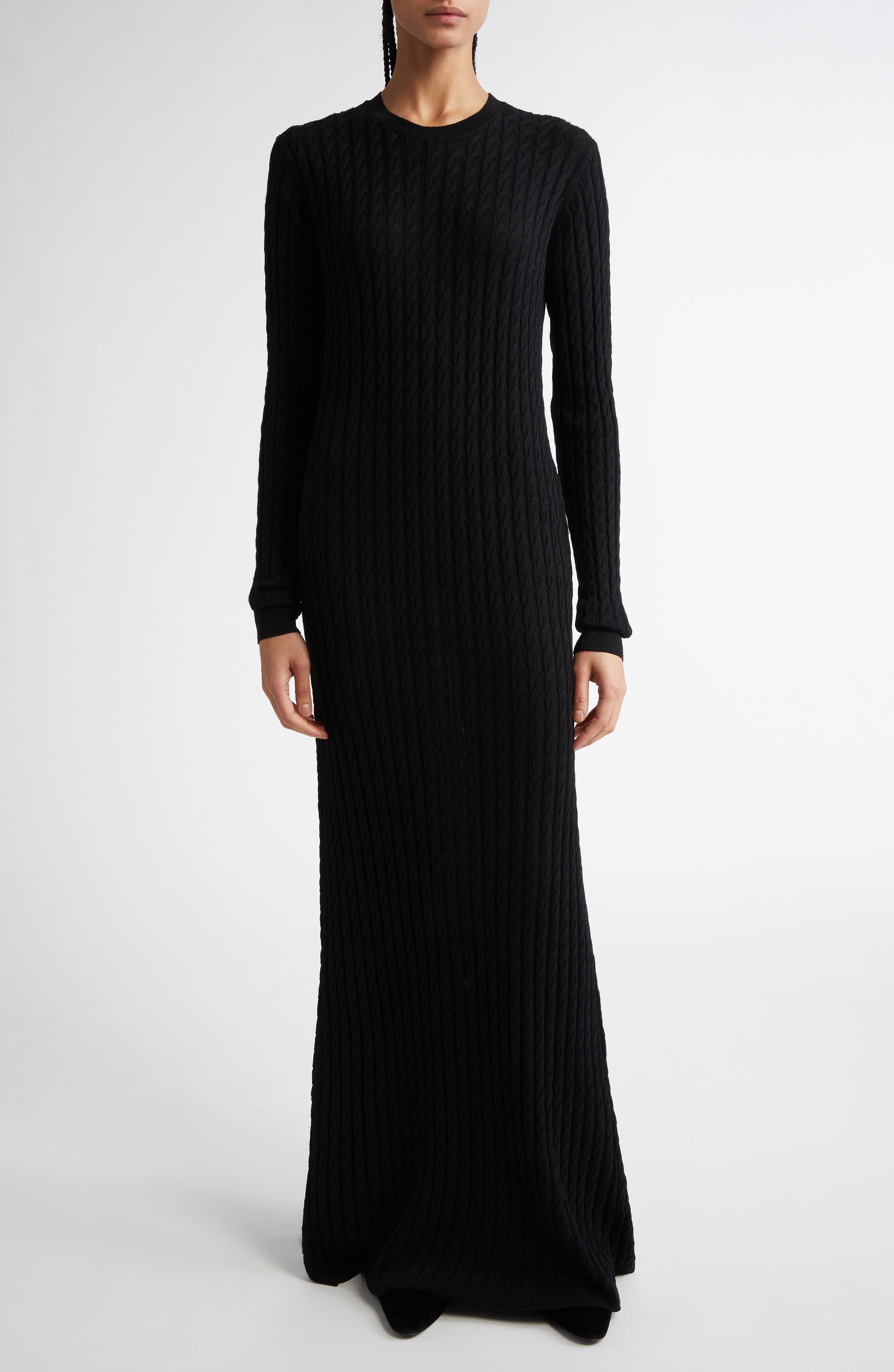 TOTEME Long Sleeve Cable Knit Wool Merino Wool Sweater Dress in Black at Nordstrom - 5
