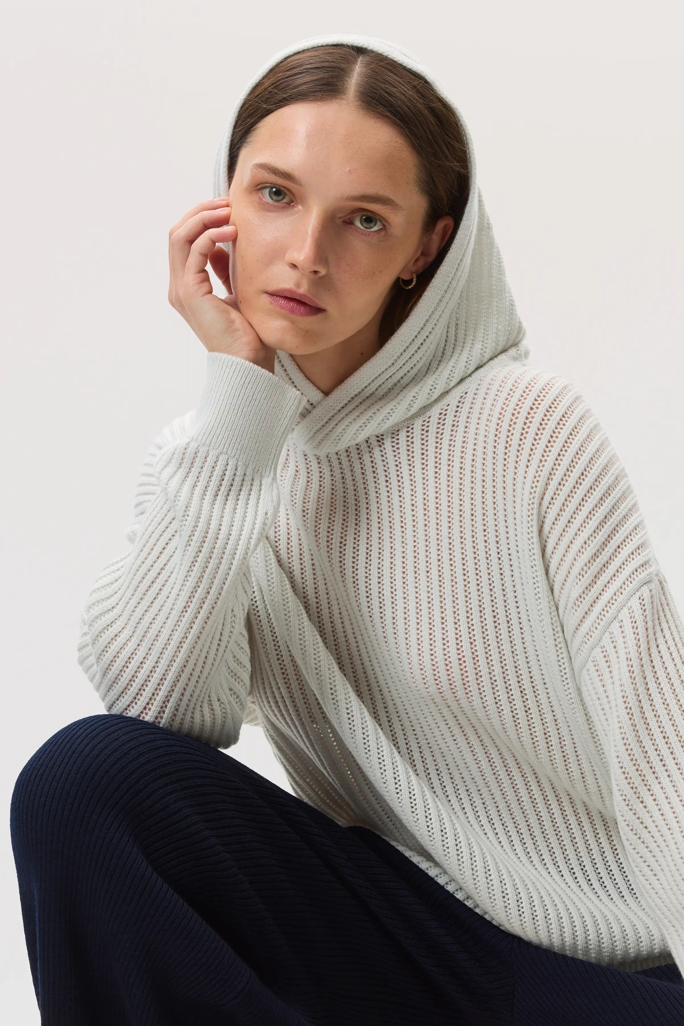 Mesh Rib Cashmere White Hoodie - 7