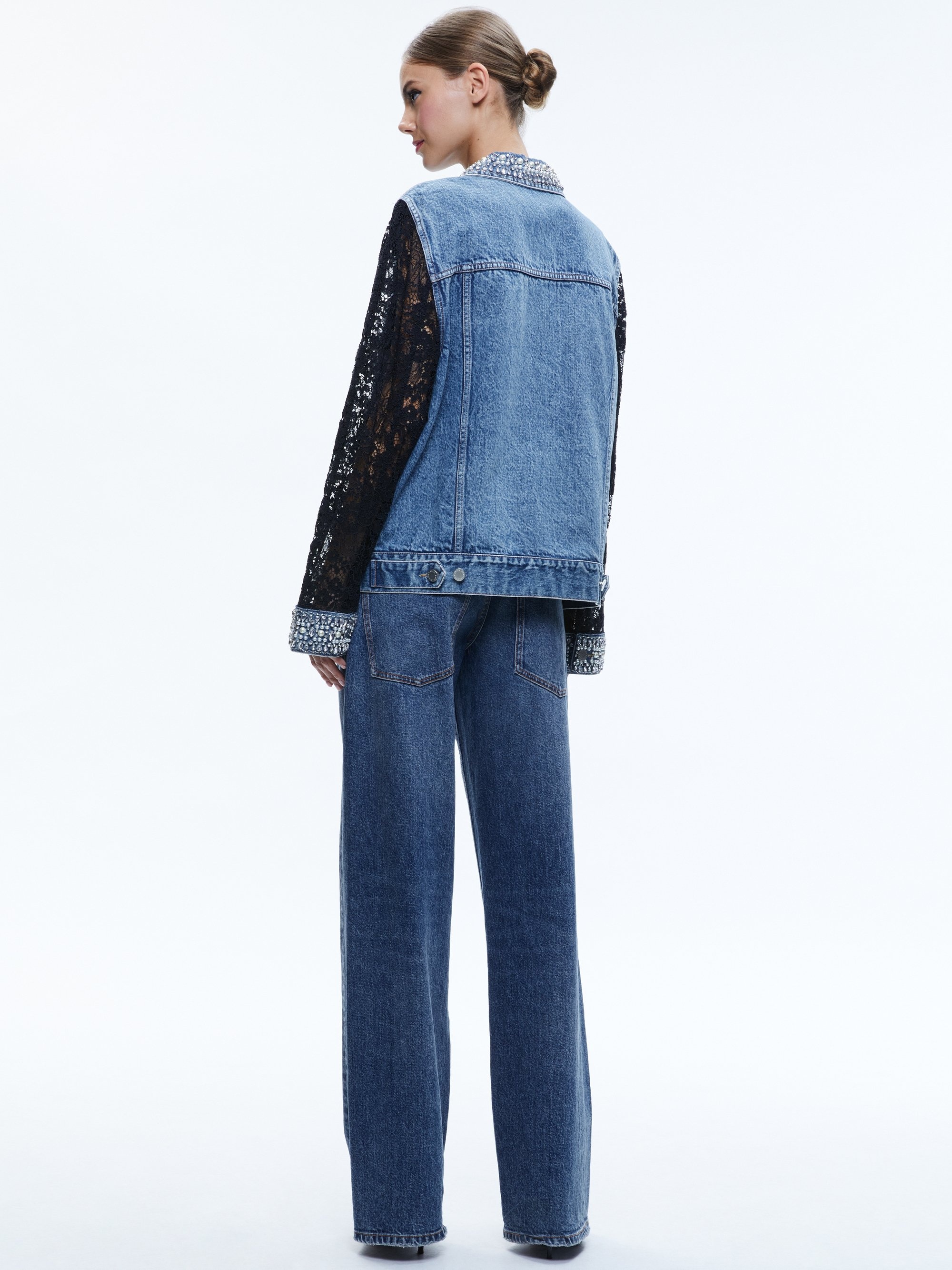 JEFF EMBELLISHED LACE SLEEVE DENIM JACKET - 3