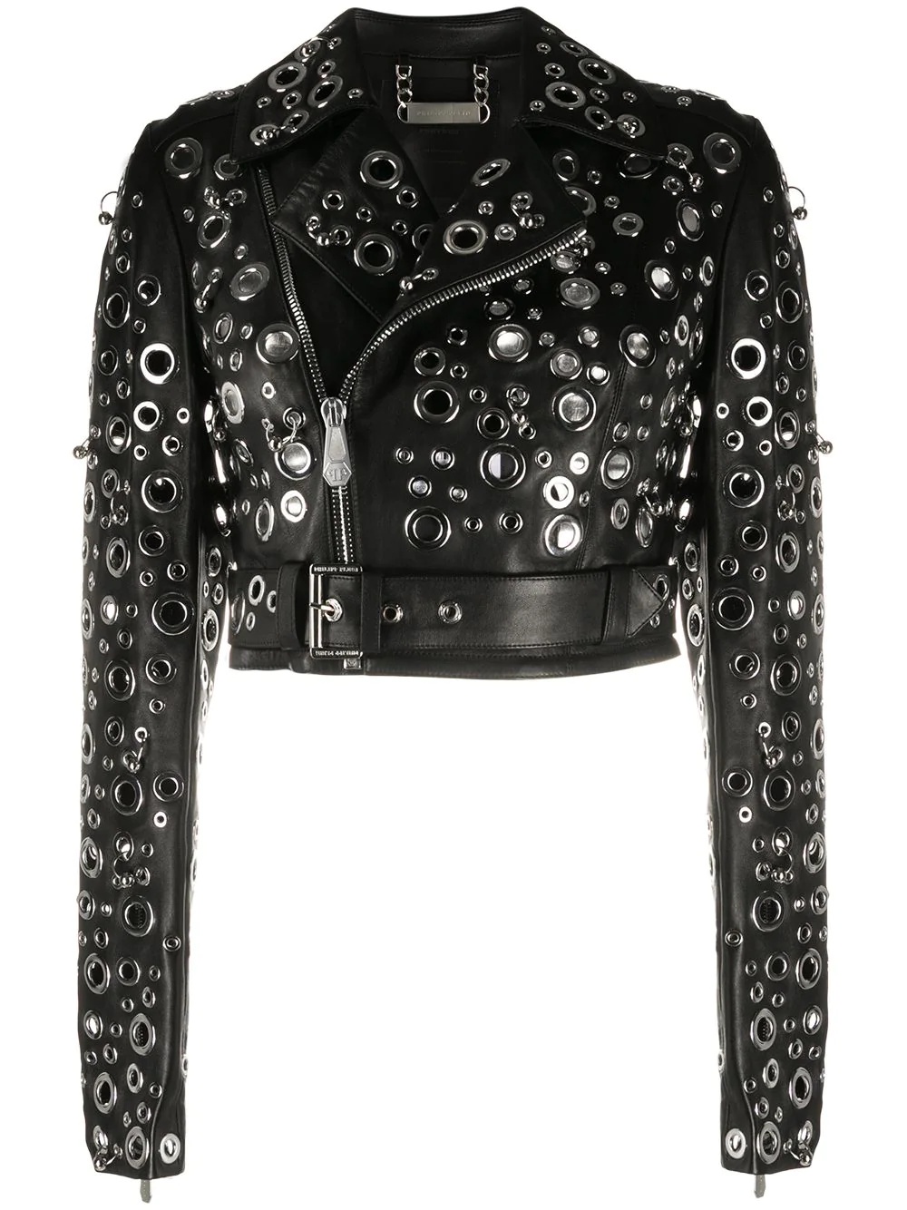 eyelet embellished leather jacket - 1