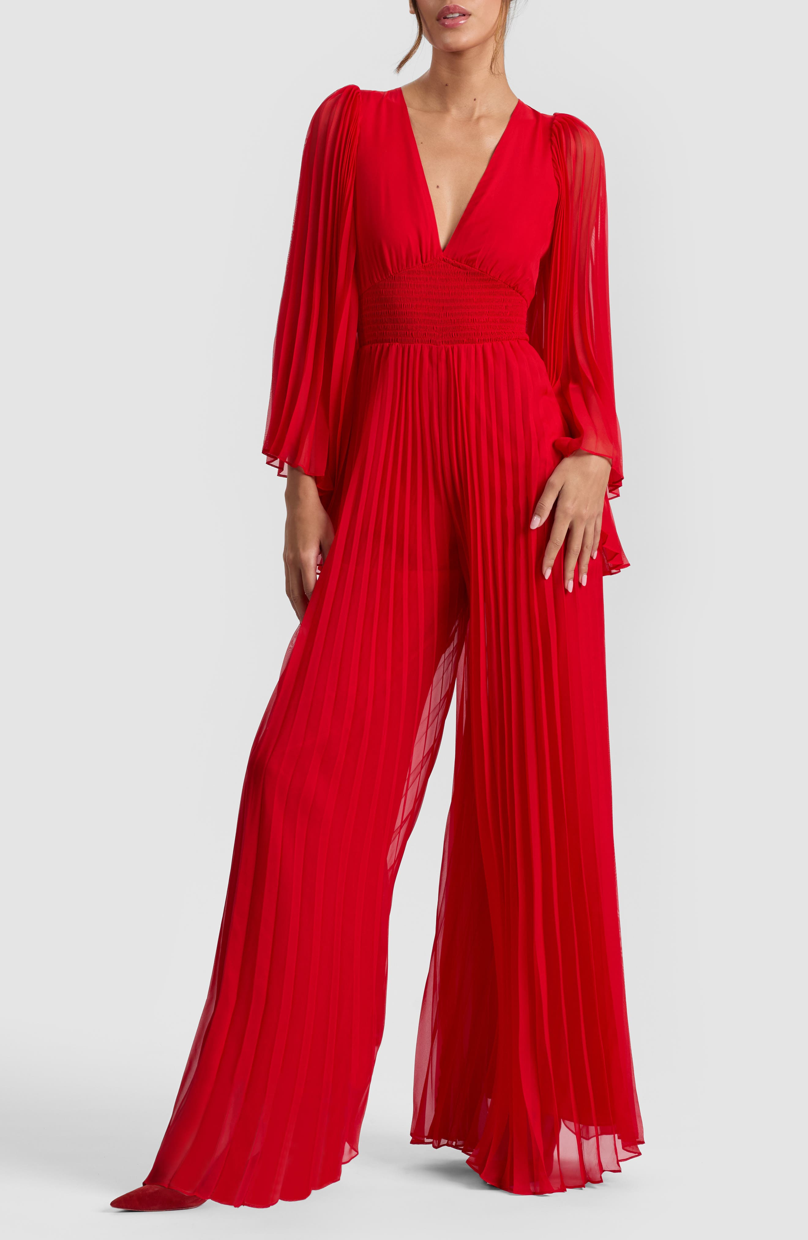 Alice + Olivia Bennet Smocked Pleated Wide Leg Jumpsuit in Bright Ruby at Nordstrom - 1