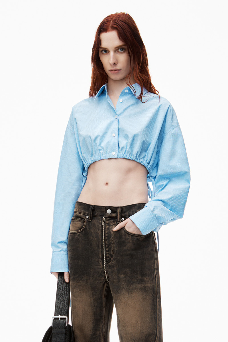 Alexander Wang Cropped Drawstring Blouse in Cotton & Crystal Hotfix outlook