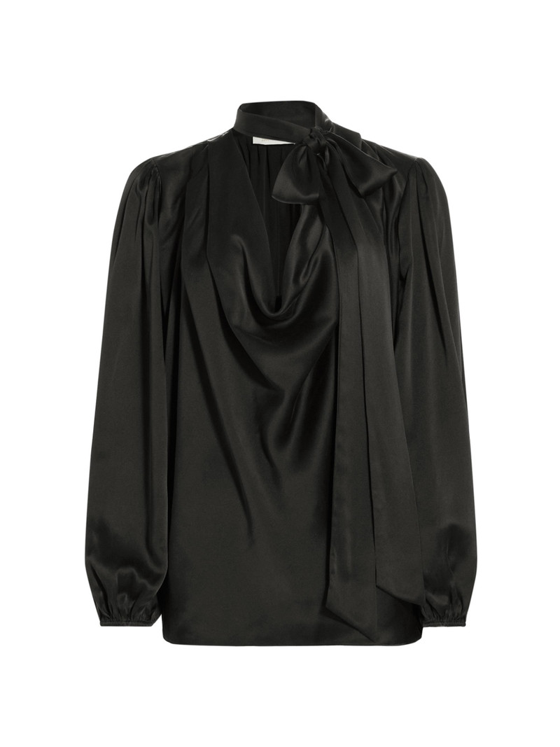 Women's Silk Billow-Sleeve Blouse - Black 1