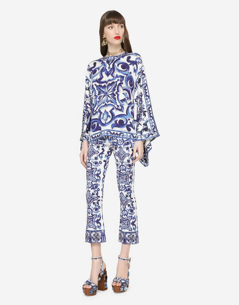 Dolce & Gabbana Flared trumpet-leg charmeuse pants with majolica print outlook