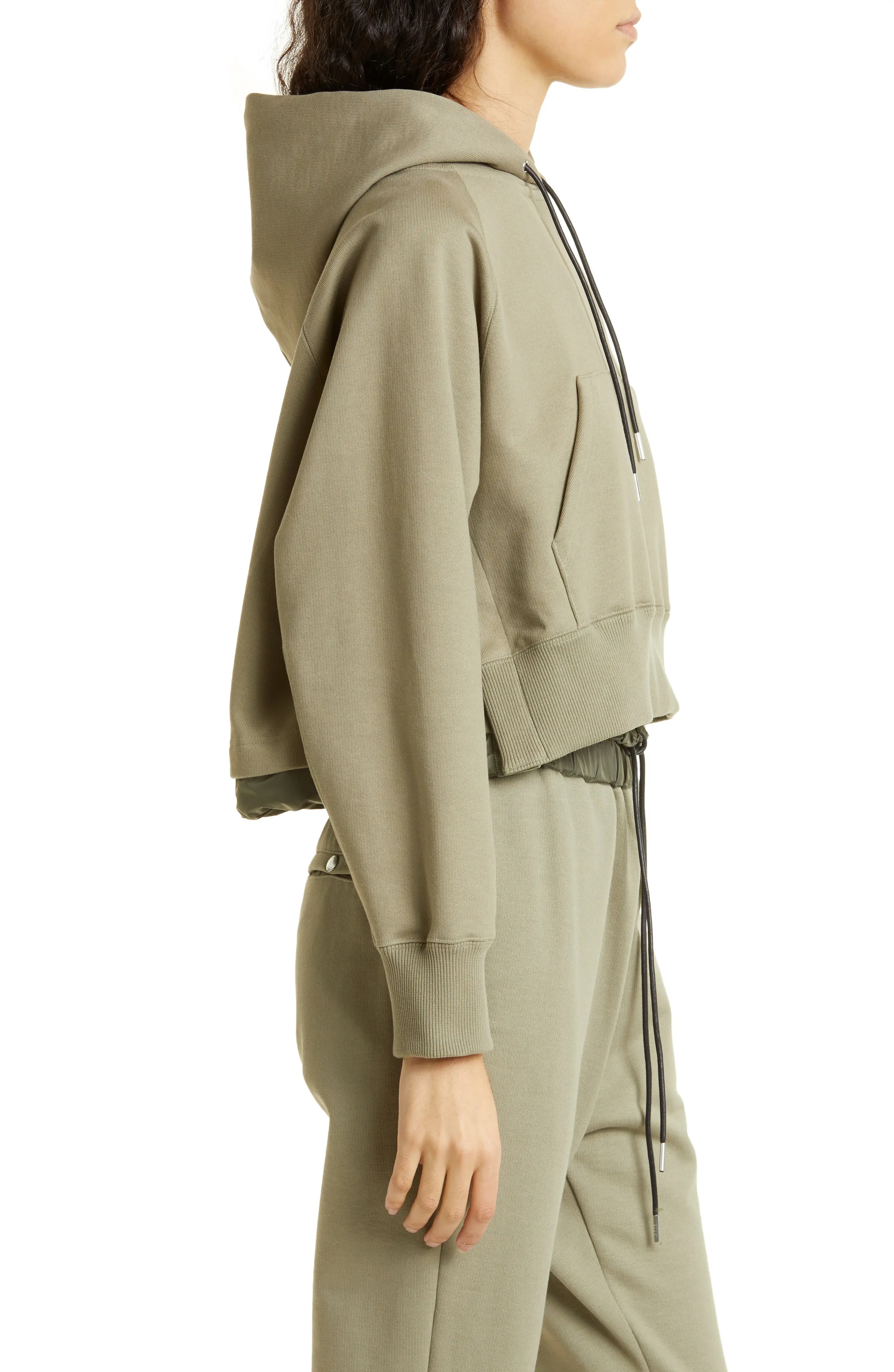 Mixed Media High-Low Cotton Jersey Hoodie in L/Khaki - 3