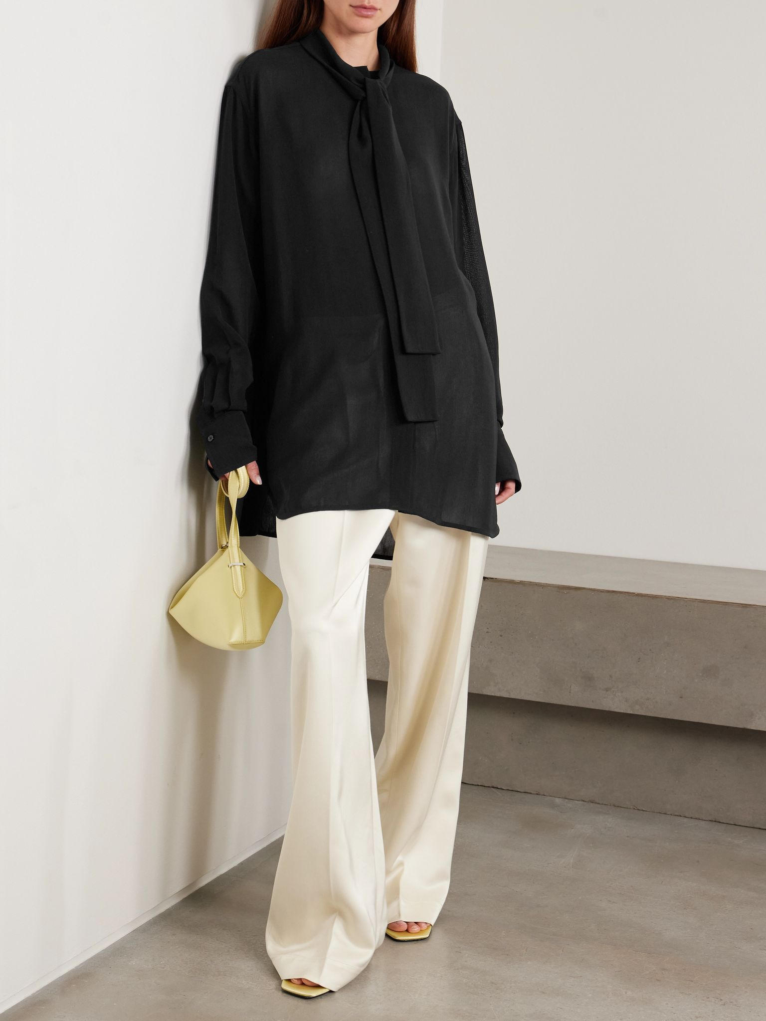 Tie-neck crepe de chine blouse Black - 2