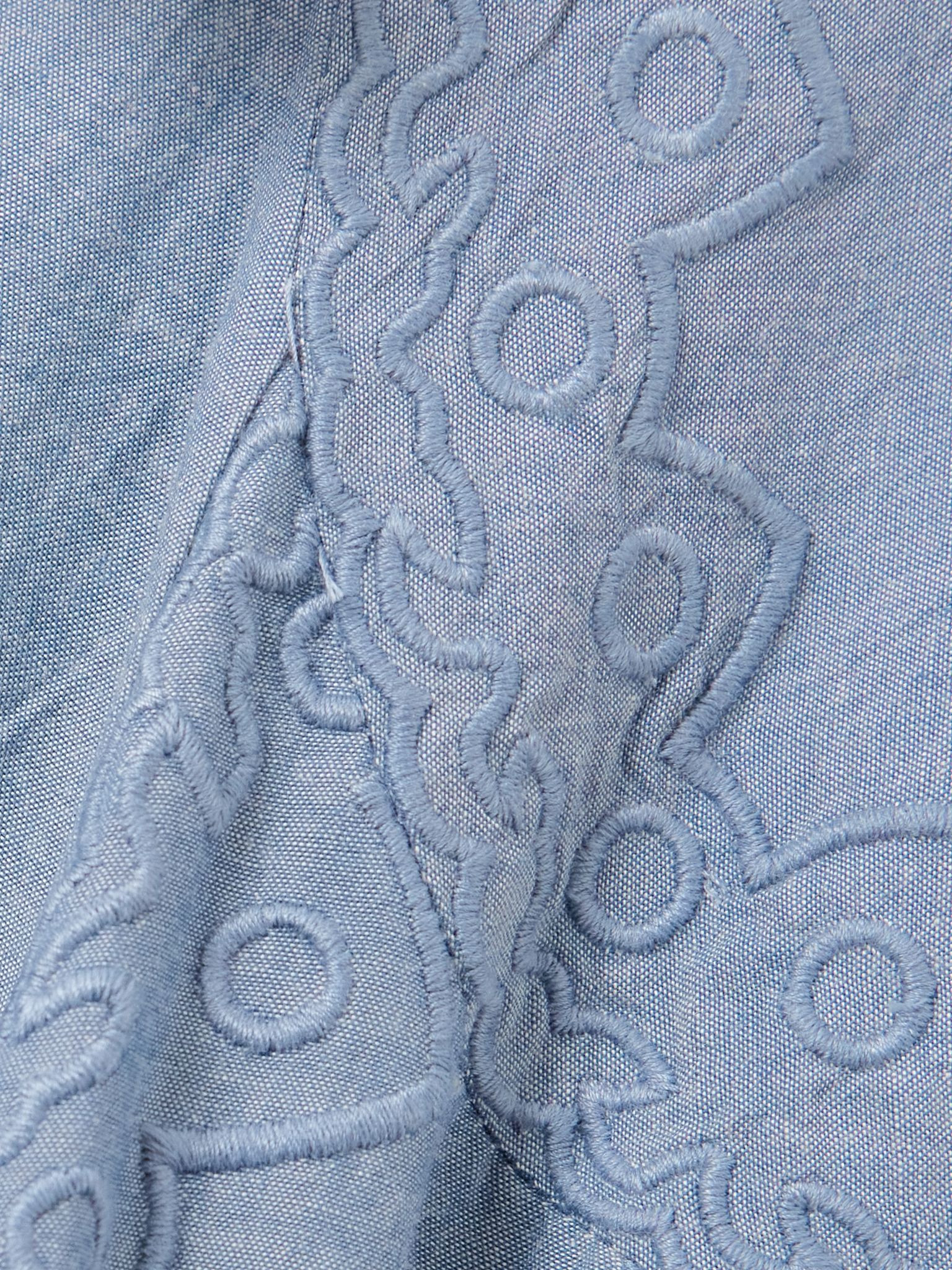 Camilla belted embroidered tulle-trimmed cotton-chambray mini dress Blue - 4