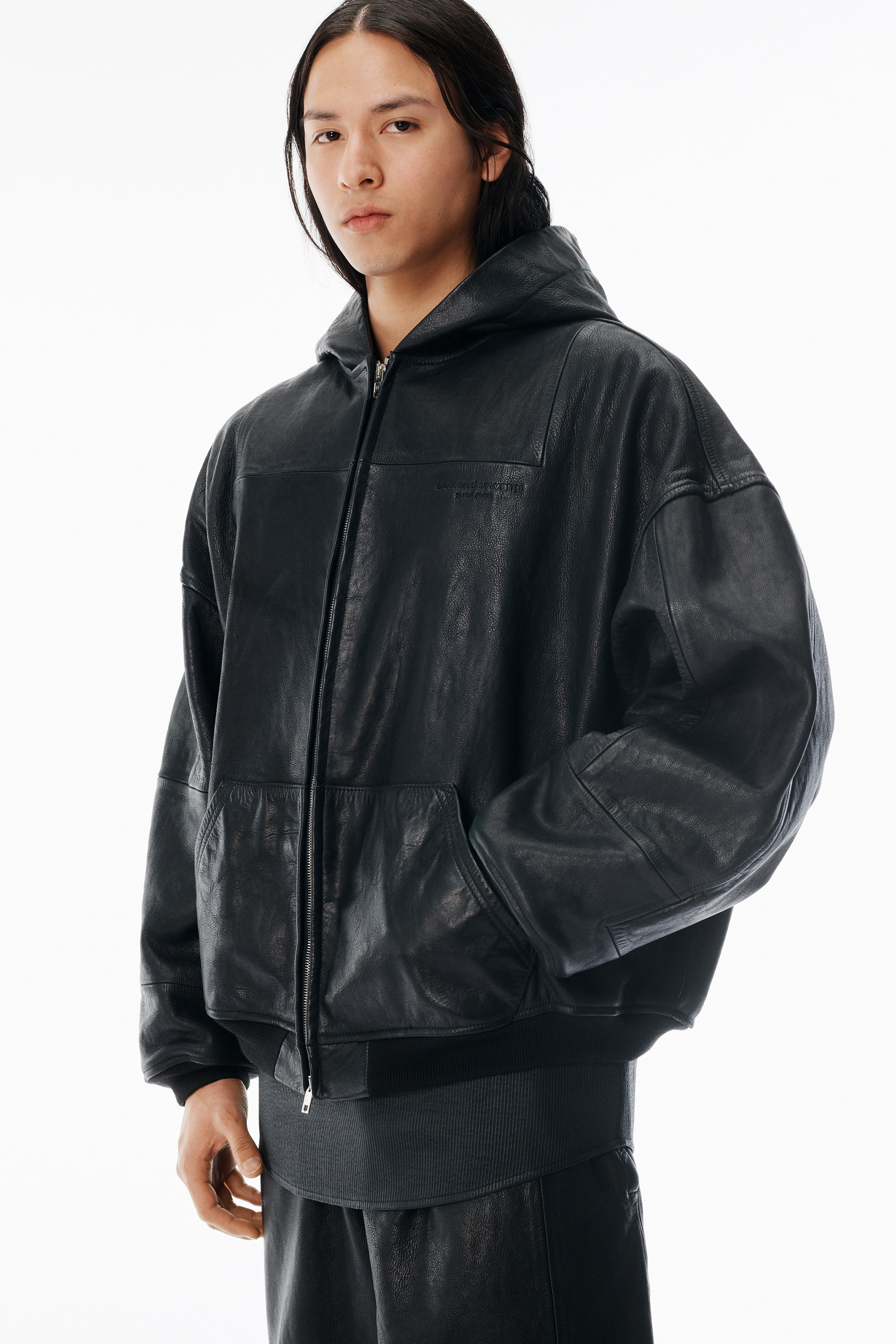 Black Worn Moto Leather Hoodie Jacket - 3