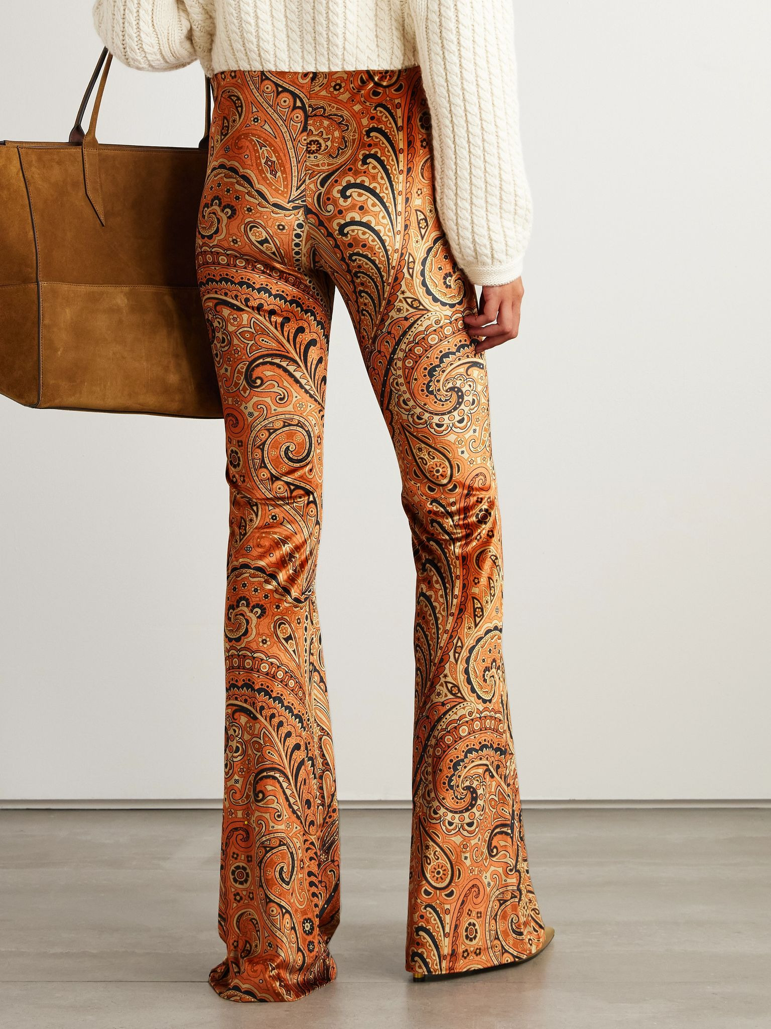 Paisley-print stretch-velvet flared pants Brown - 3