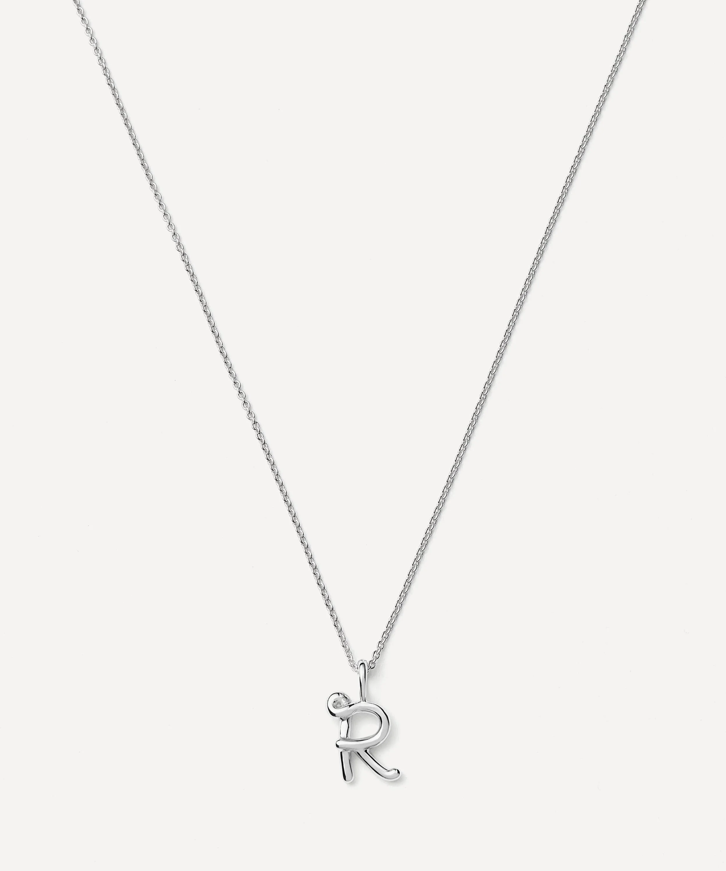 Sterling Silver Curly Molten Mini R Initial Pendant Necklace - 1