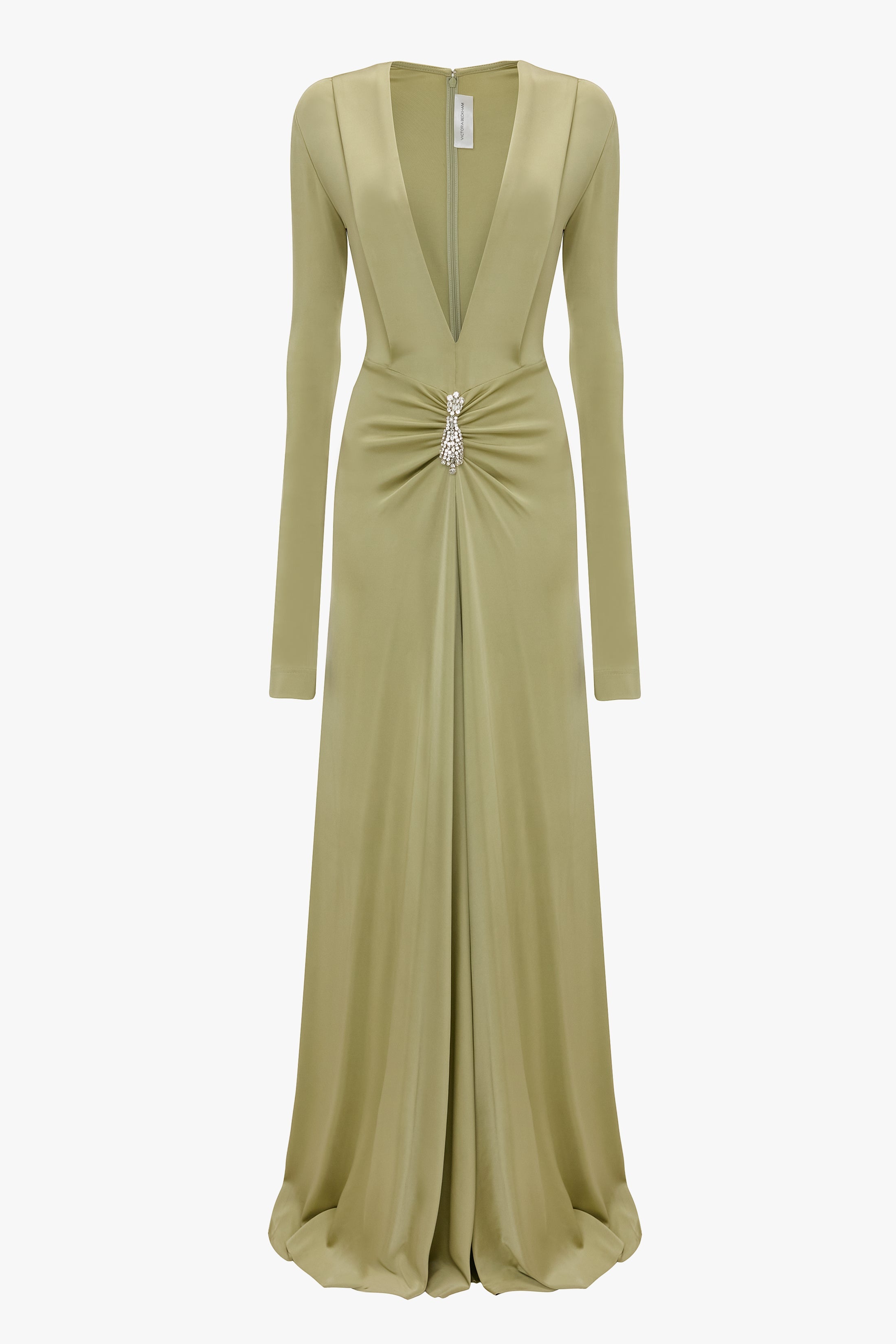Embellished Long Sleeve Deep V-Neck Gown In Pistachio - 1
