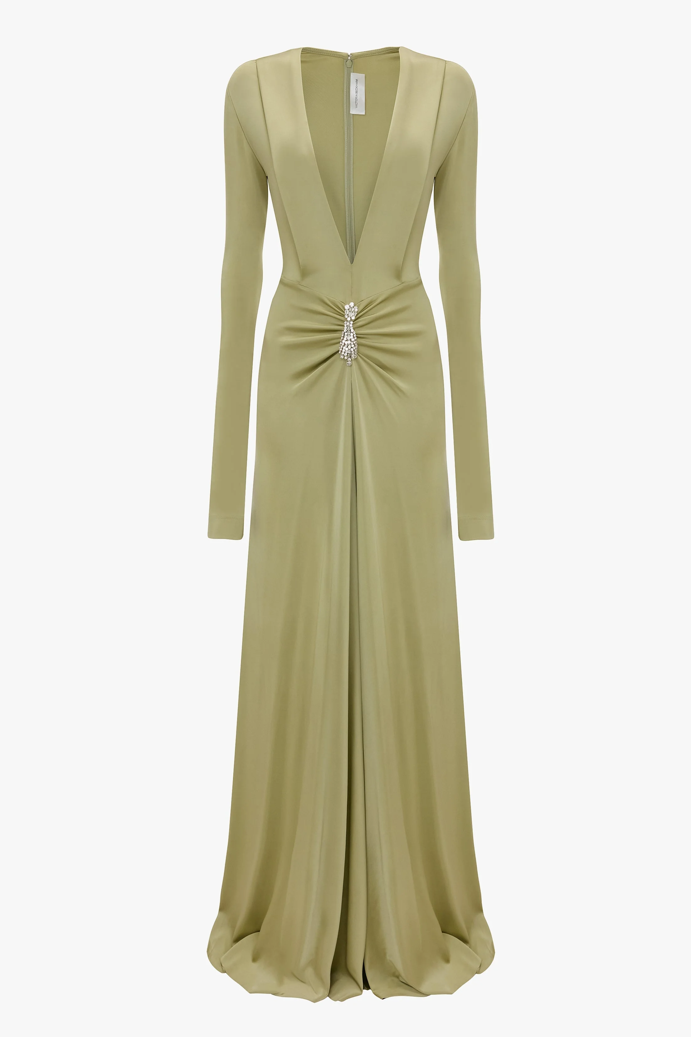 Embellished Long Sleeve Deep V-Neck Gown In Pistachio - 1