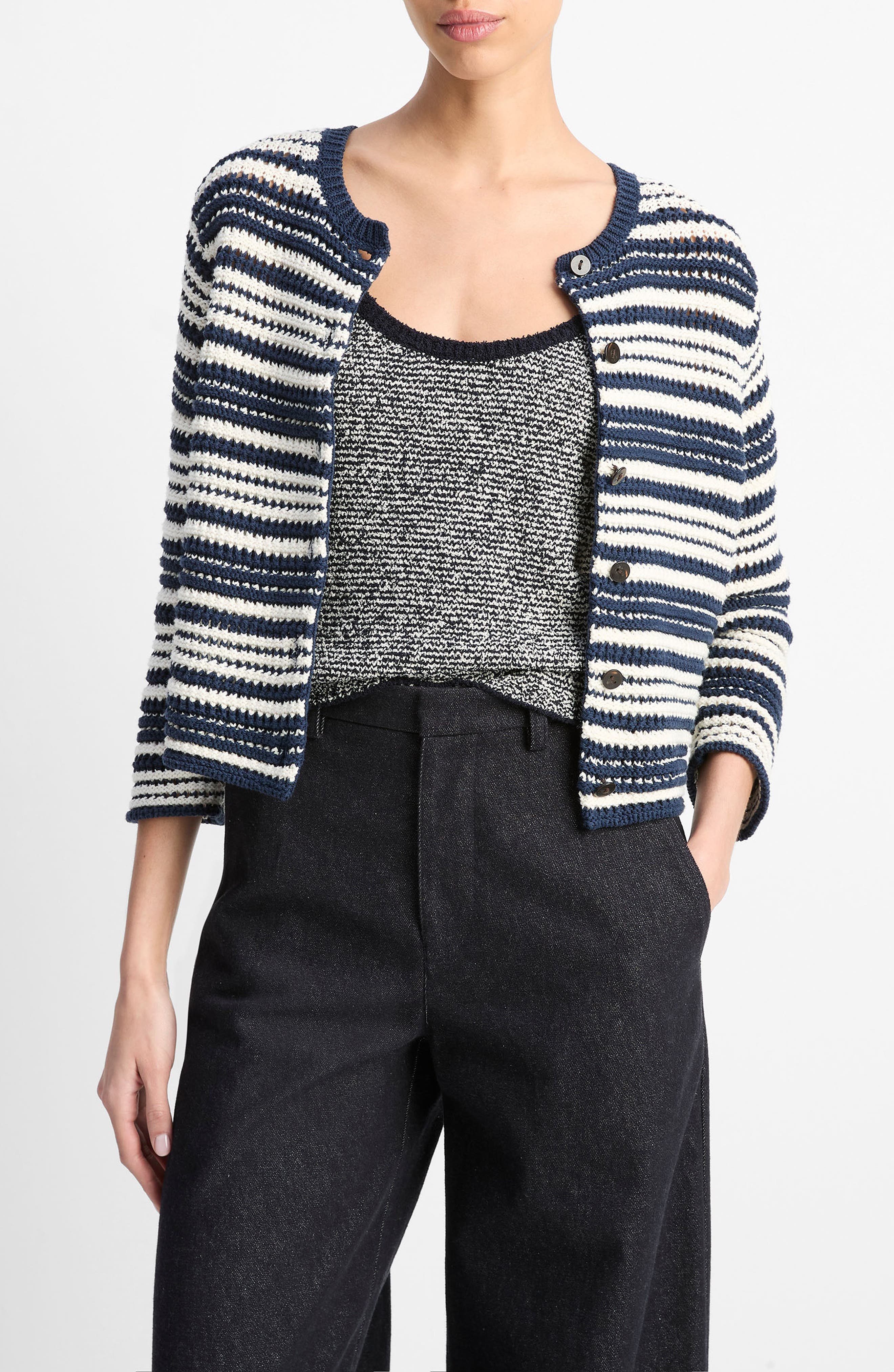 Vince Textured Stripe Cotton Blend Cardigan in Navy/off White at Nordstrom - 1