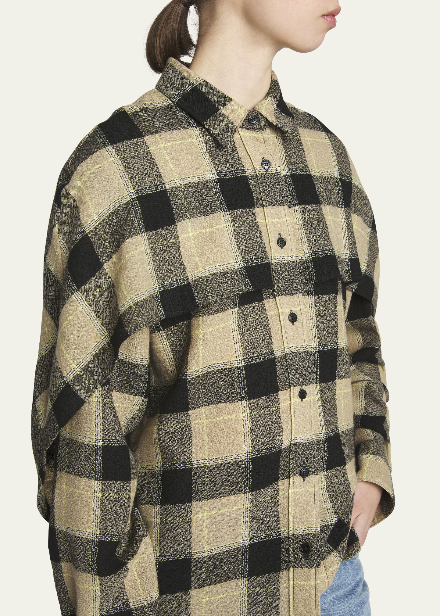 Plaid Wool Cape Detail Long-Sleeve Shirt - 5