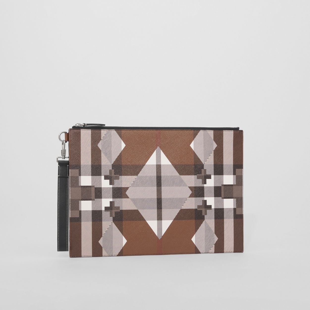 Large Geometric Check and Leather Zip Pouch - 6