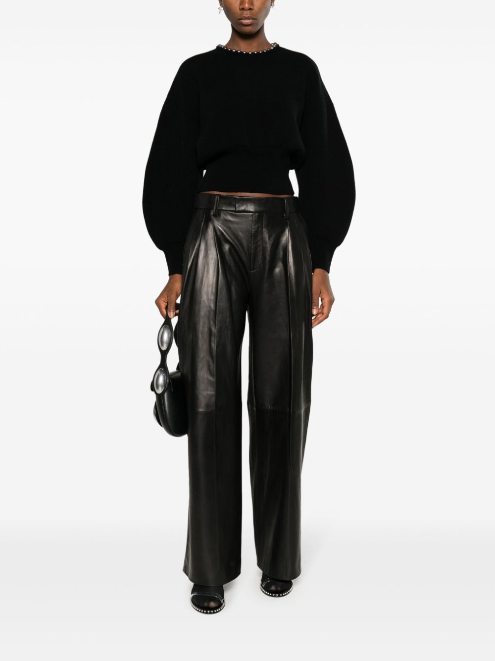 pleated wide-leg leather trousers - 2