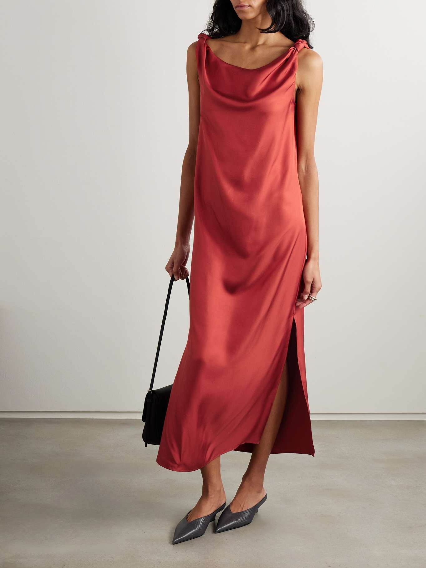 Moun knotted draped silk-twill midi dress Red - 2