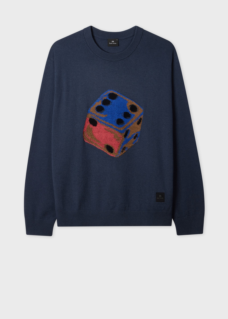 Navy 'Dice' Merino Wool-Blend Knitted Sweater 1