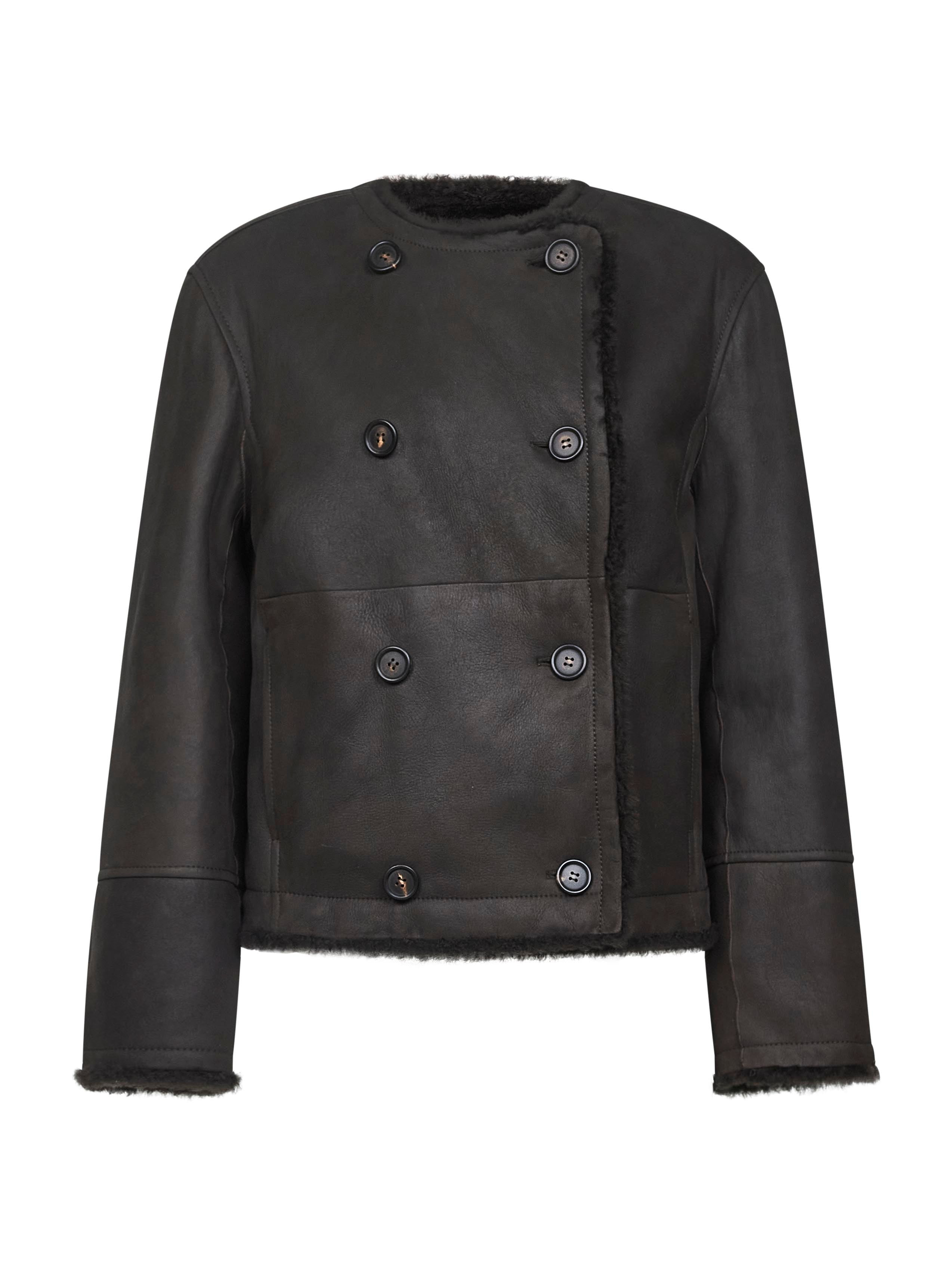 Brown shearling Fuzzy reversible cropped pea coat - 3