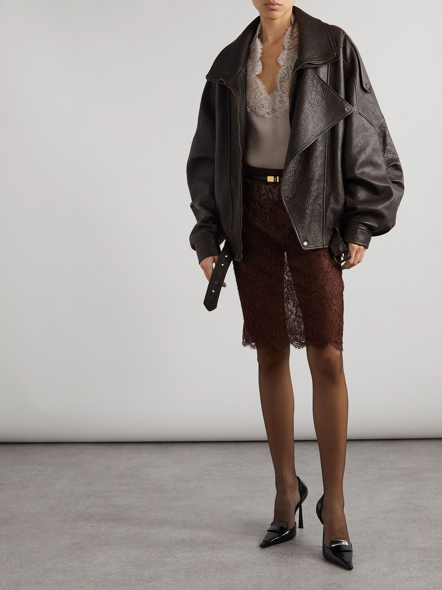 Oversized textured-leather jacket Dark brown - 2