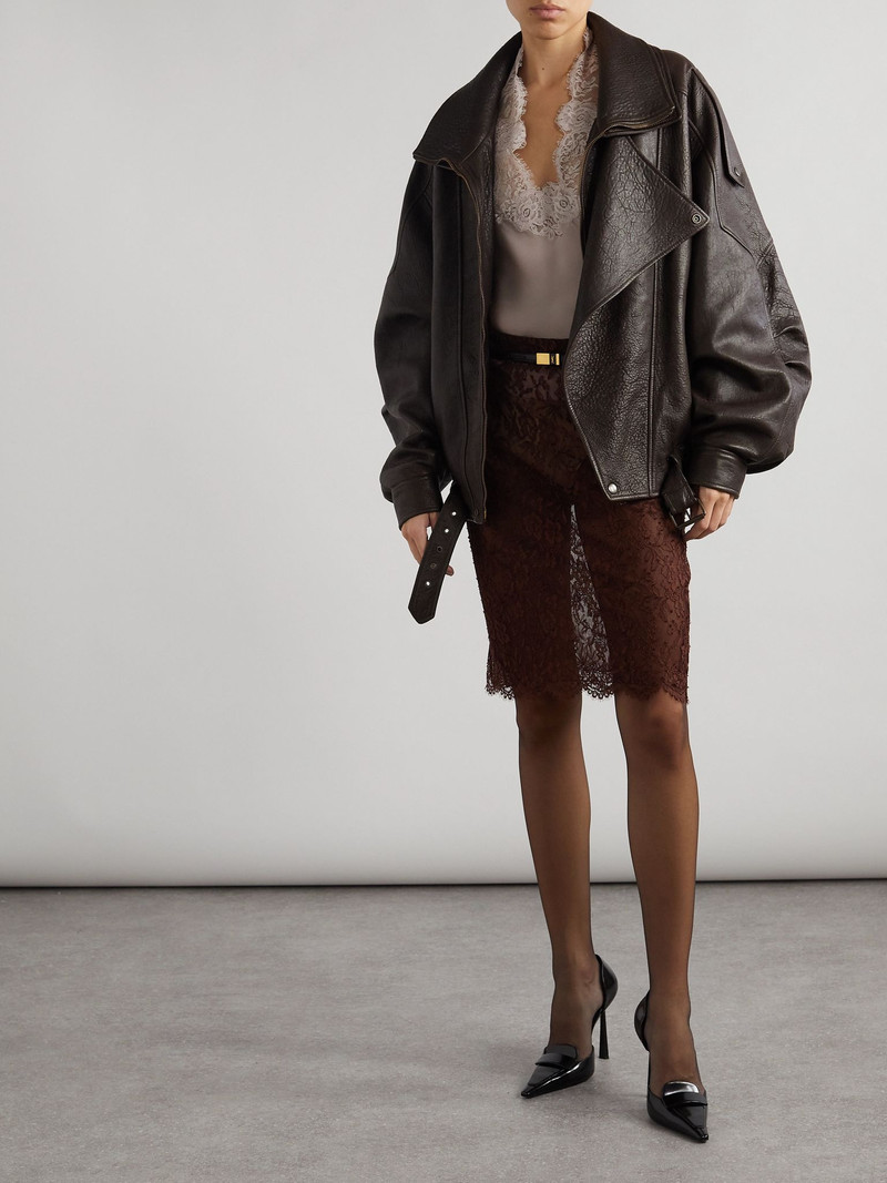SAINT LAURENT Oversized textured-leather jacket Dark brown outlook