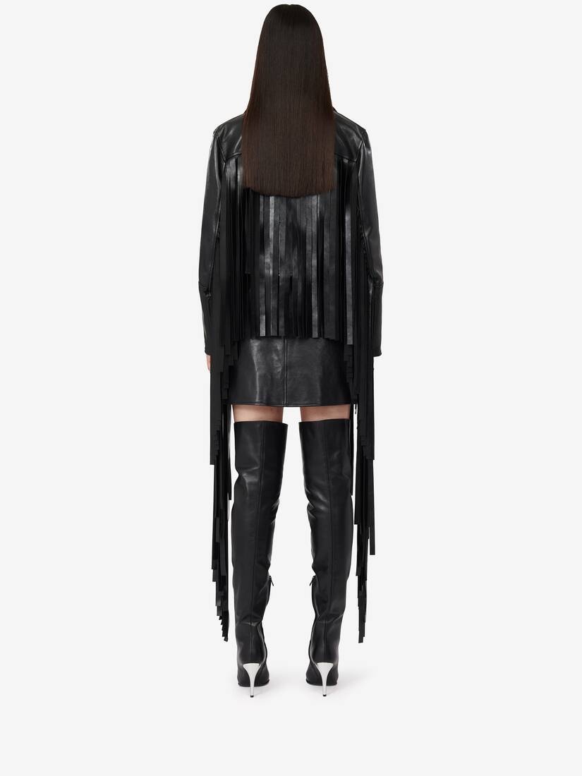 Women's Fringed Biker Jacket in Black - 4