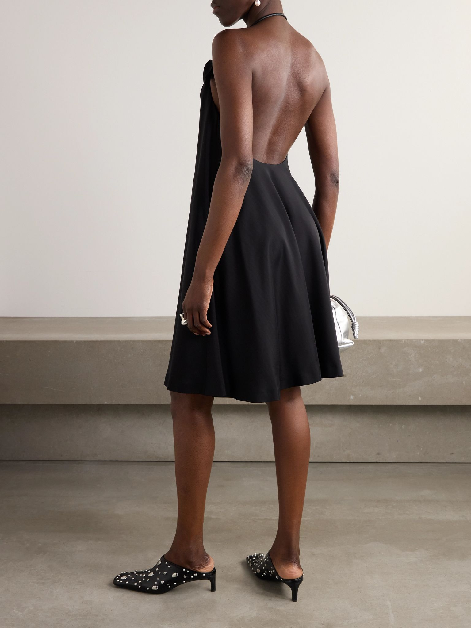 Flamenco knotted leather-trimmed twill halterneck mini dress Black - 3