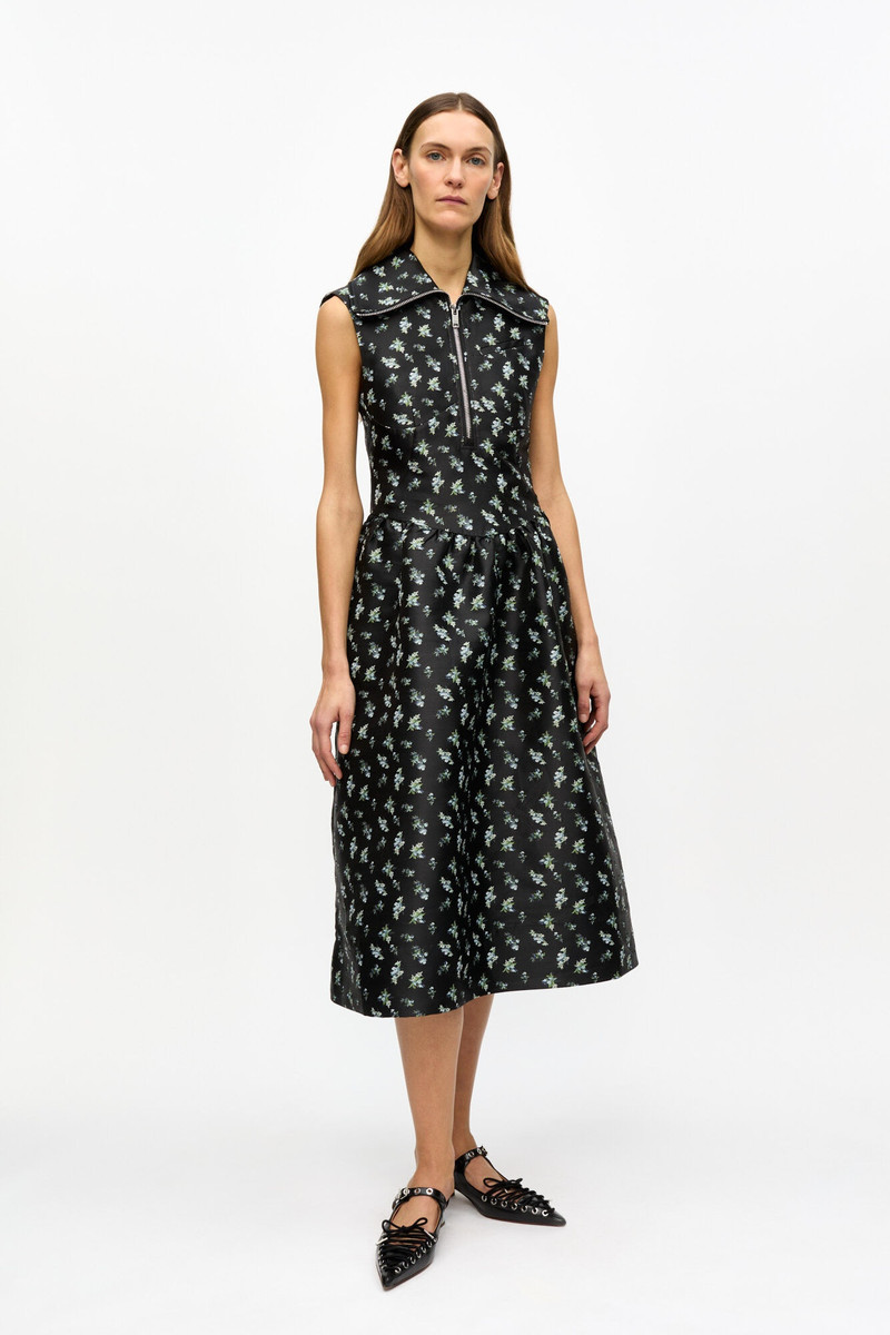 GANNI BLACK FLORAL JACQUARD MIDI DRESS outlook