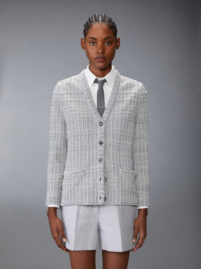 Thom Browne SEERSUCKER KNIT TWEED JACQUARD V NECK CARDIGAN outlook