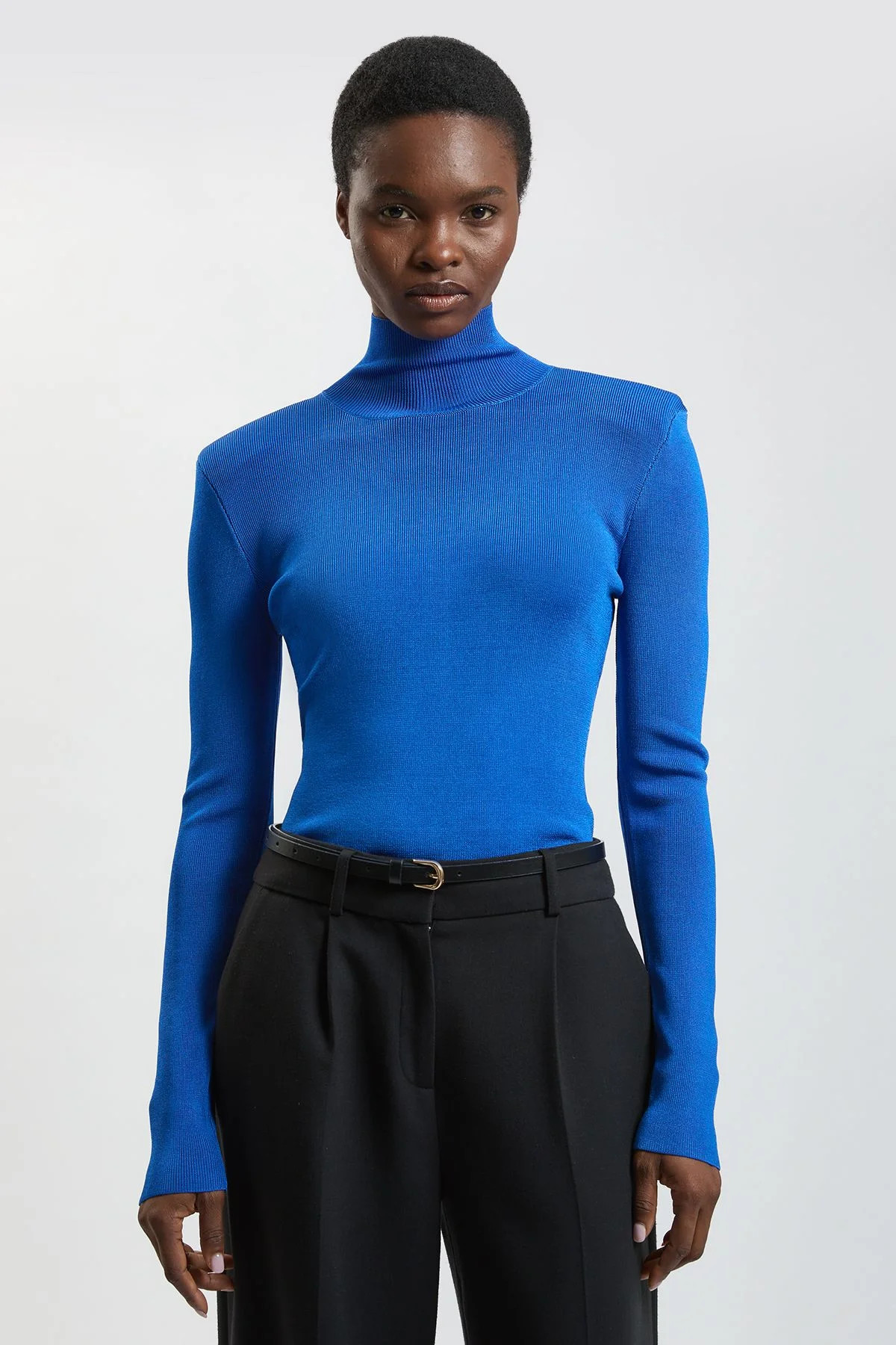 Slinky Drape Knit Power Shoulder Funnel Neck Top - 1