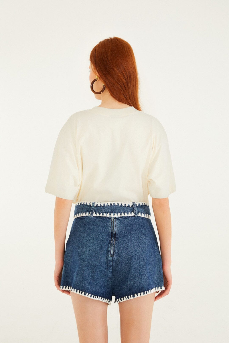 Denim Crochet Embroidery Belted Shorts 3