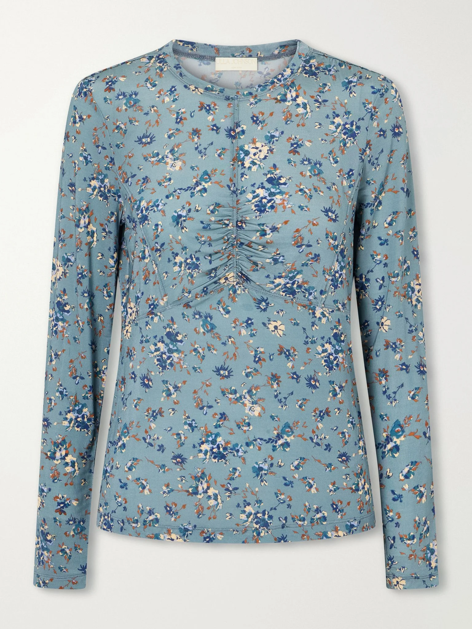 Gathered floral-print stretch-jersey blouse Blue - 1