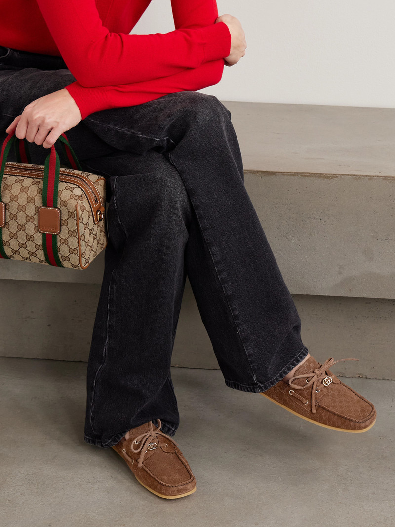 GUCCI Embellished Logo-embossed Suede Boat Shoes outlook