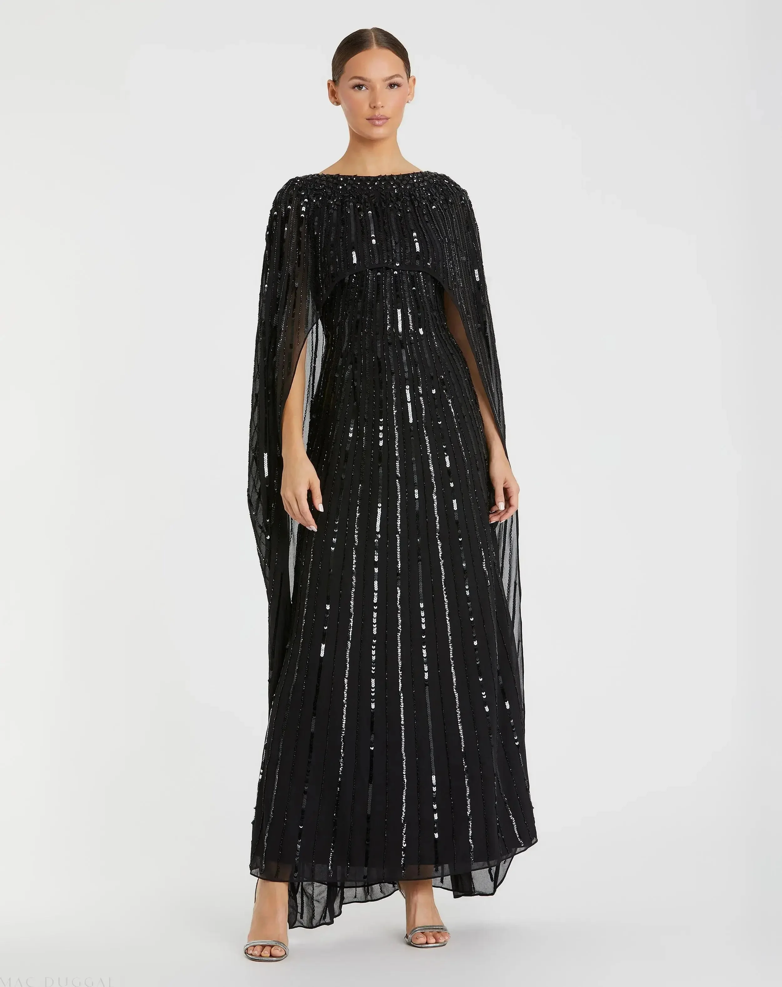 Black Embellished Beaded Column Cape Gown - 1
