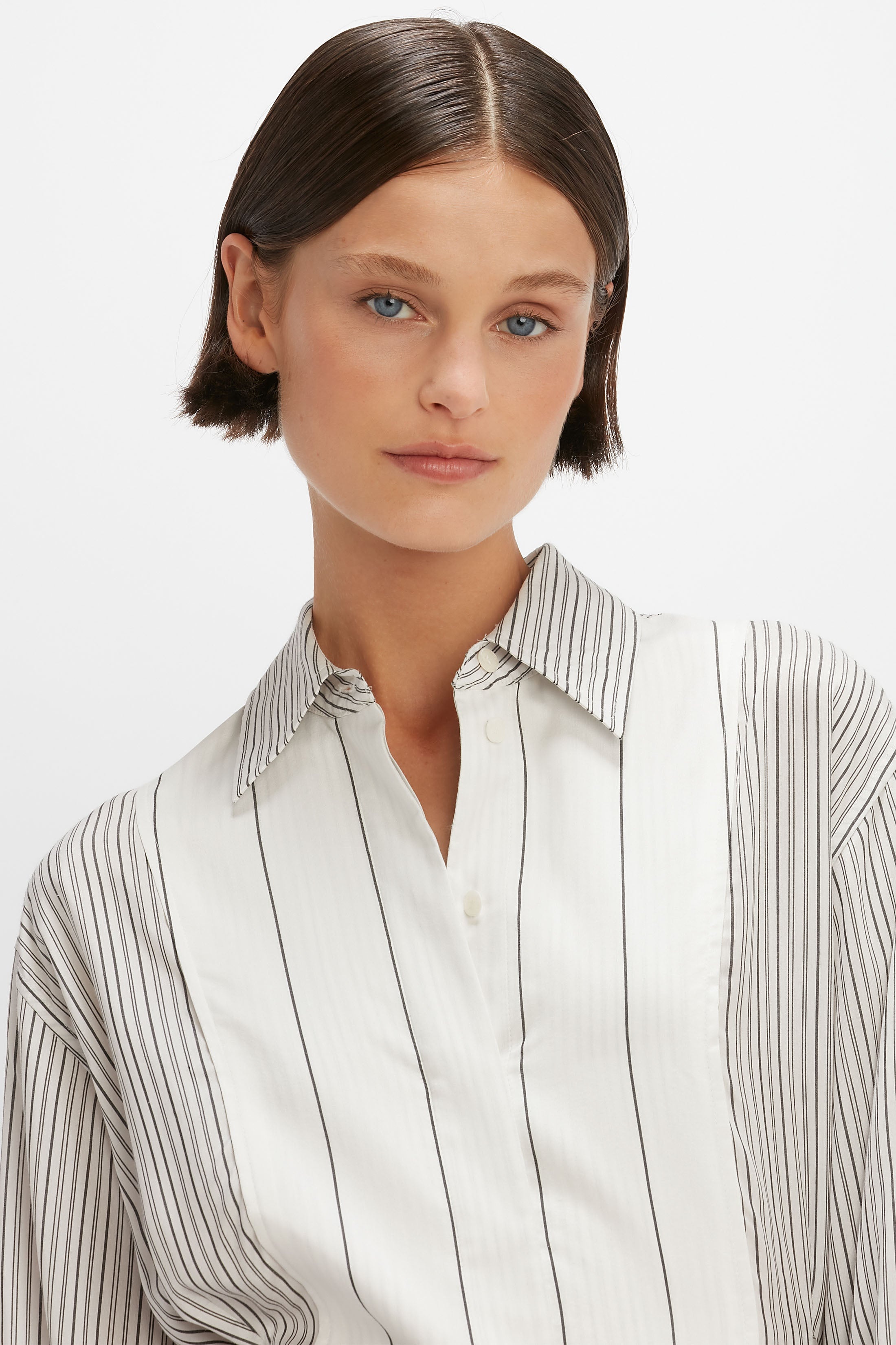 Plastron Shirt in White & Off Black Stripe - 5