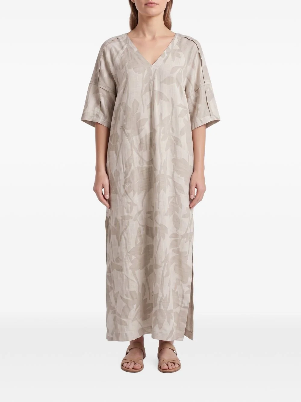 maxi leaf-pattern V-neck dress - 1