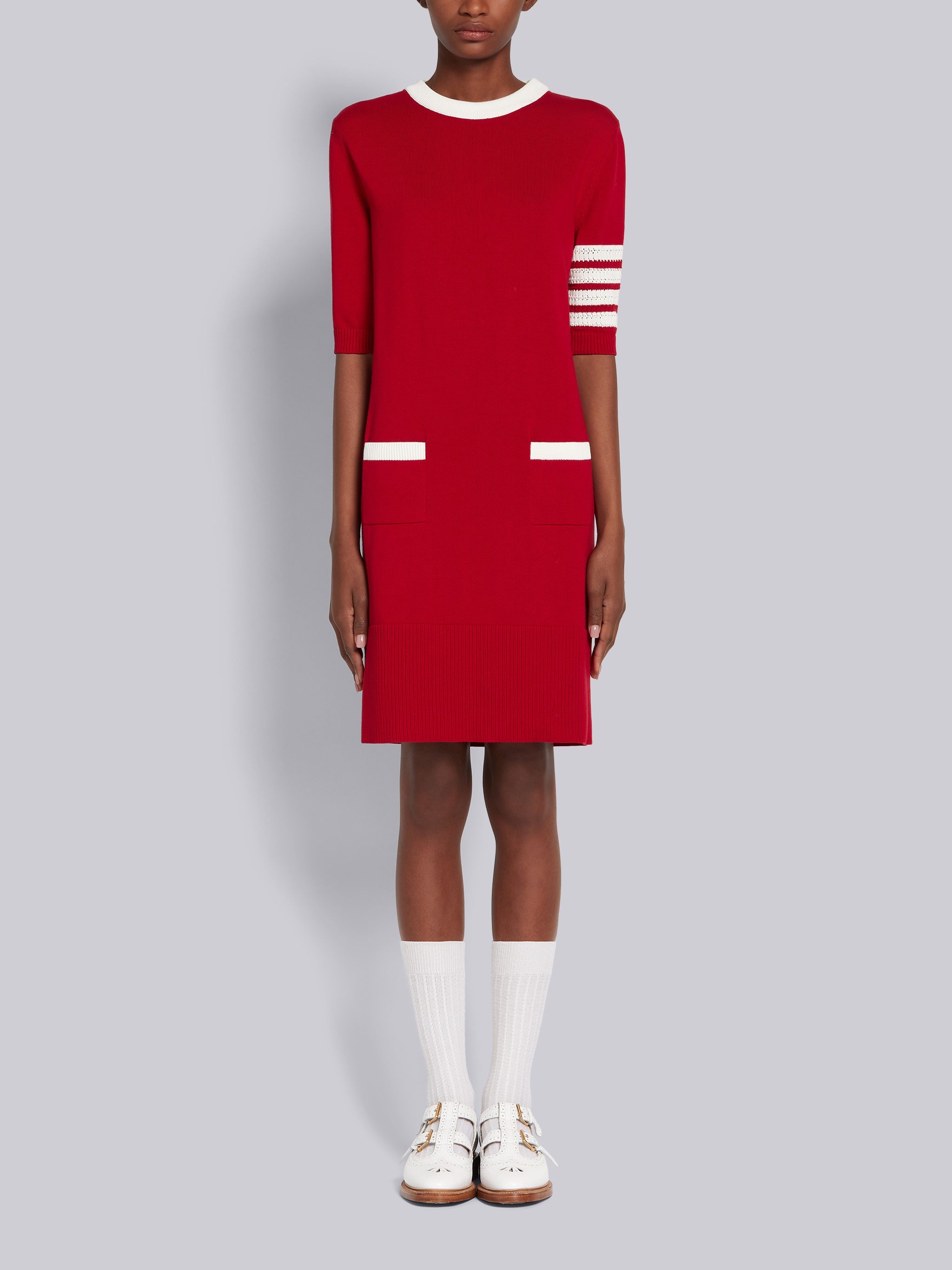 Red Cotton Hector Diagonal Stripe Icon Short Sleeve 4-Bar Mini Dress - 1