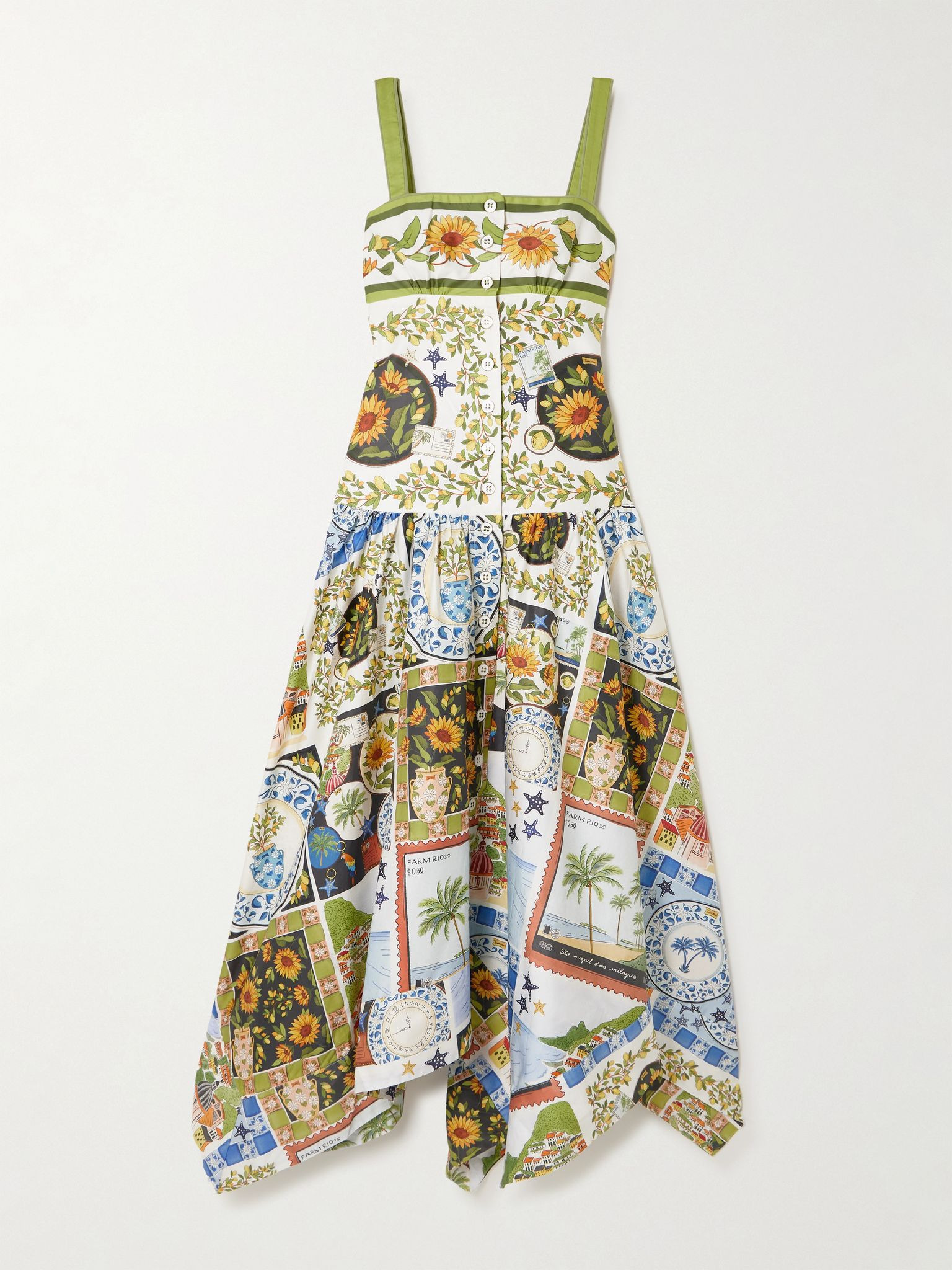 Latin Trip gathered shirred printed cotton midi dress Light blue - 1