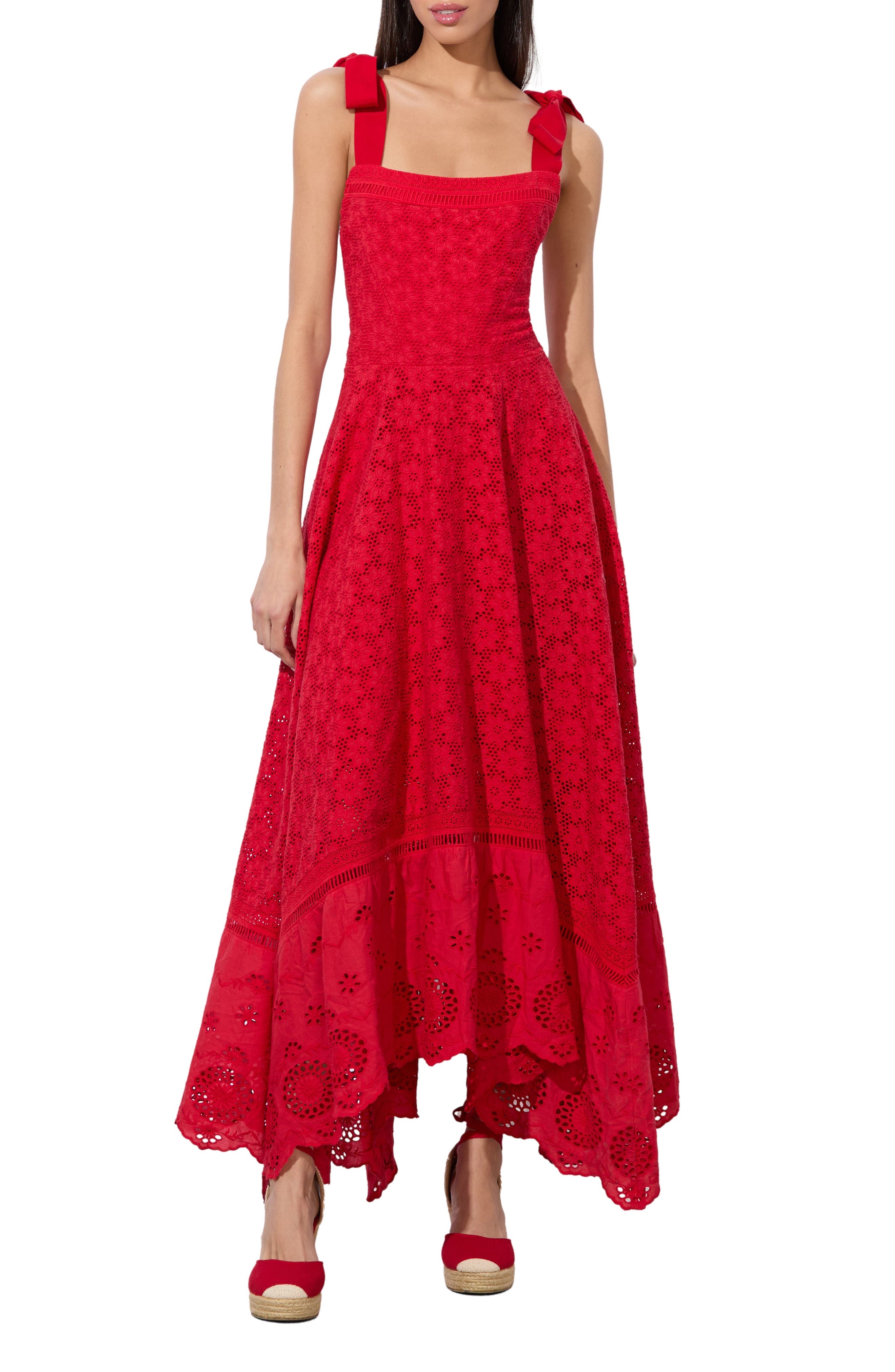 Alice + Olivia Rosalee Tie Strap Eyelet Cotton Sundress in Bright Ruby at Nordstrom - 1