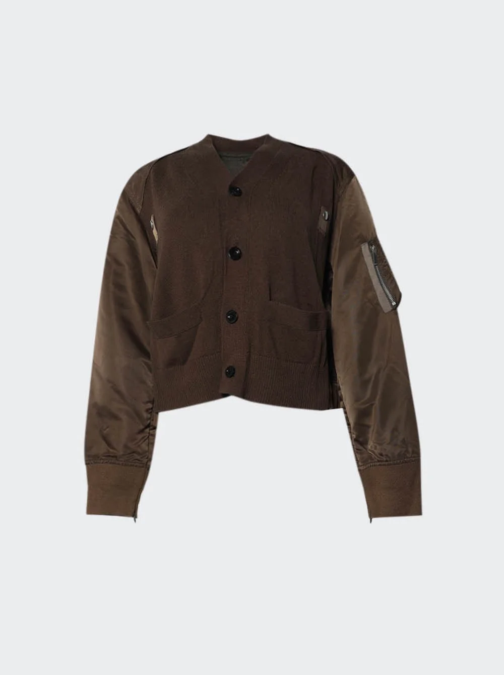 Nylon Twill & Cotton Knit Cardigan Brown - 1