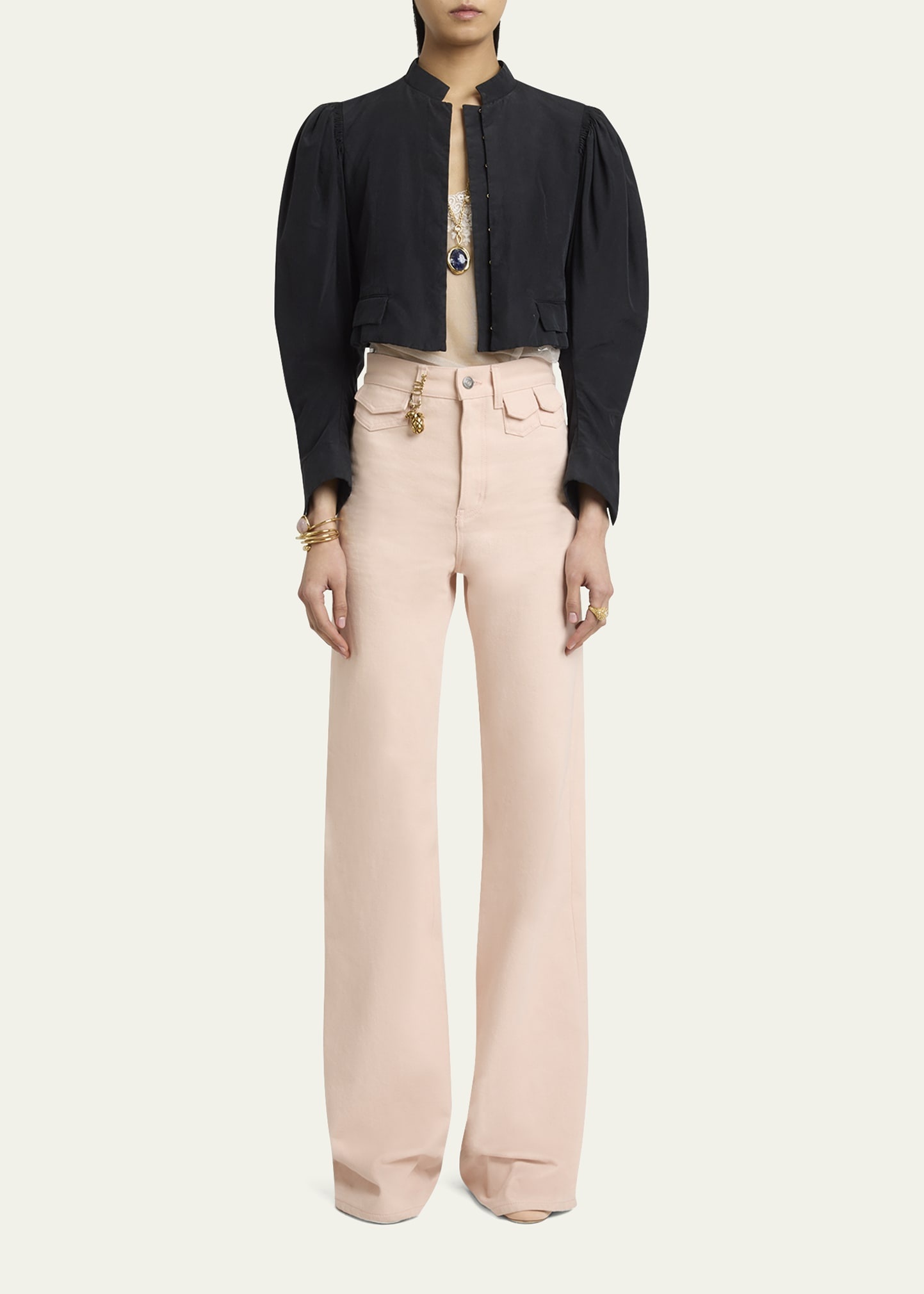 Puff-Sleeve Cropped Silk Jacket - 2