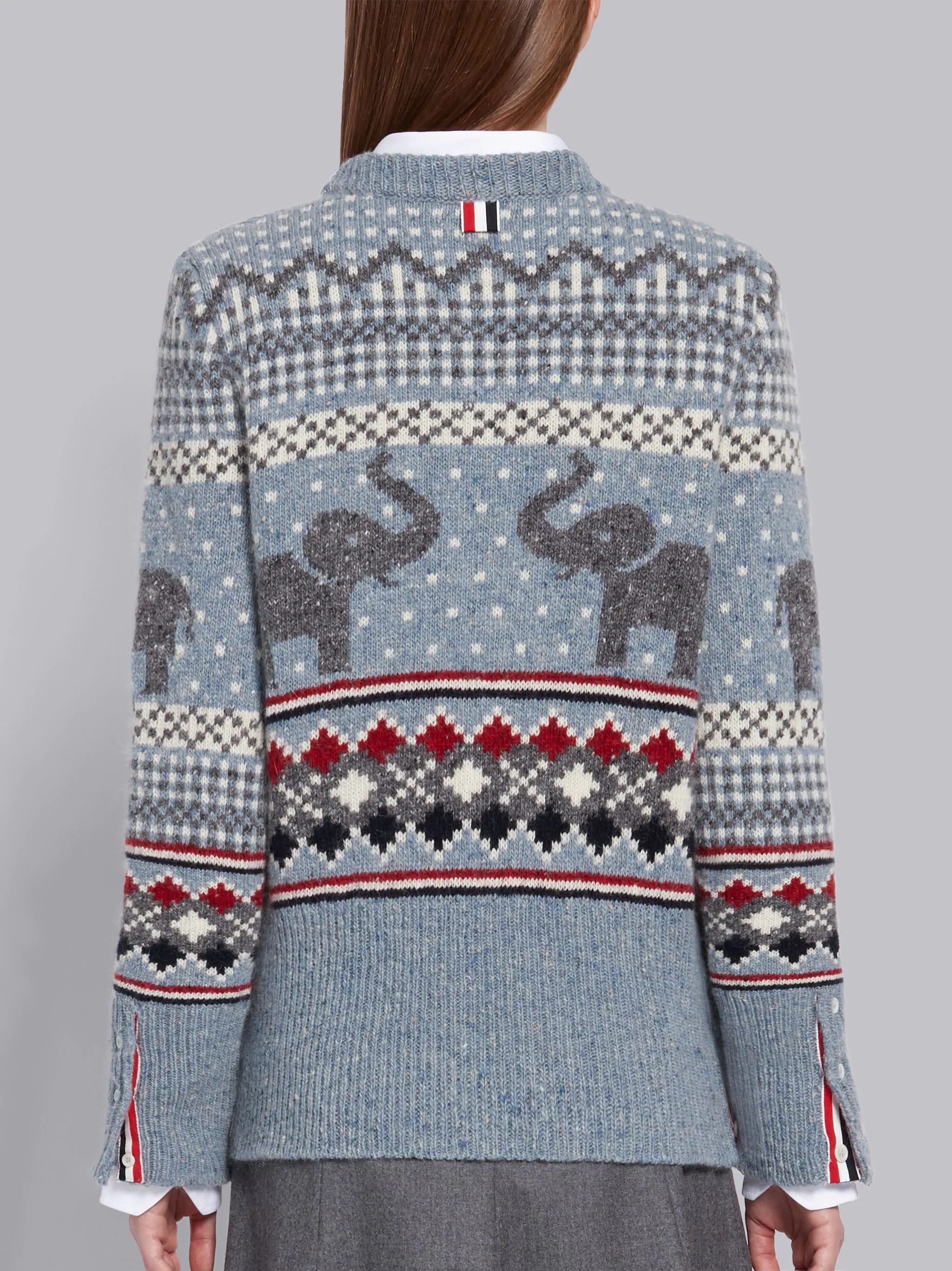 Light Blue Mohair Wool Elephant Icon Fair Isle Crewneck Pullover - 3