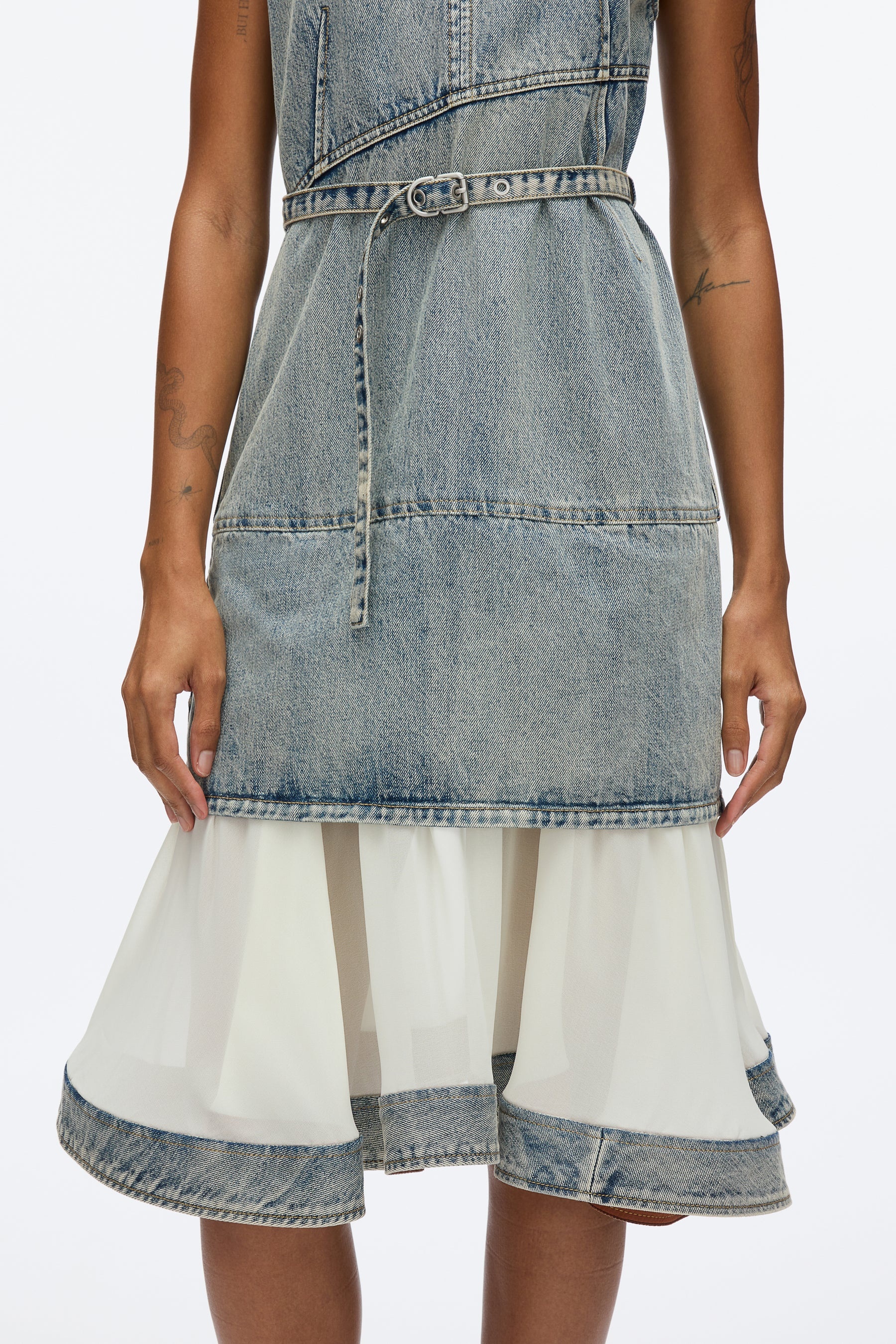 Denim V Neck Dress with Chiffon Hem - 7