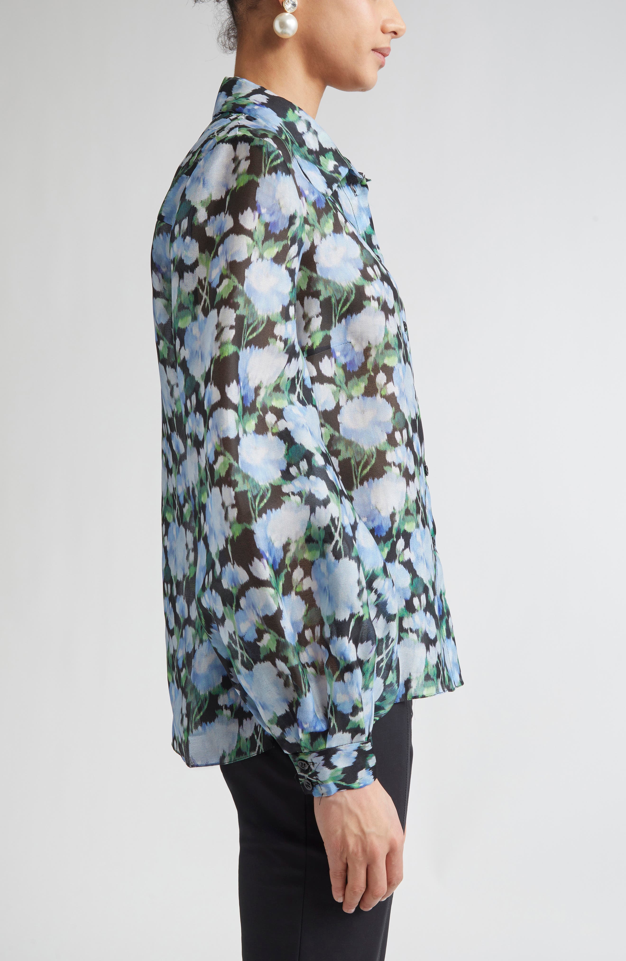 Carolina Herrera Peony Print Silk Organza Button-Up Shirt in Blue Multi at Nordstrom - 4