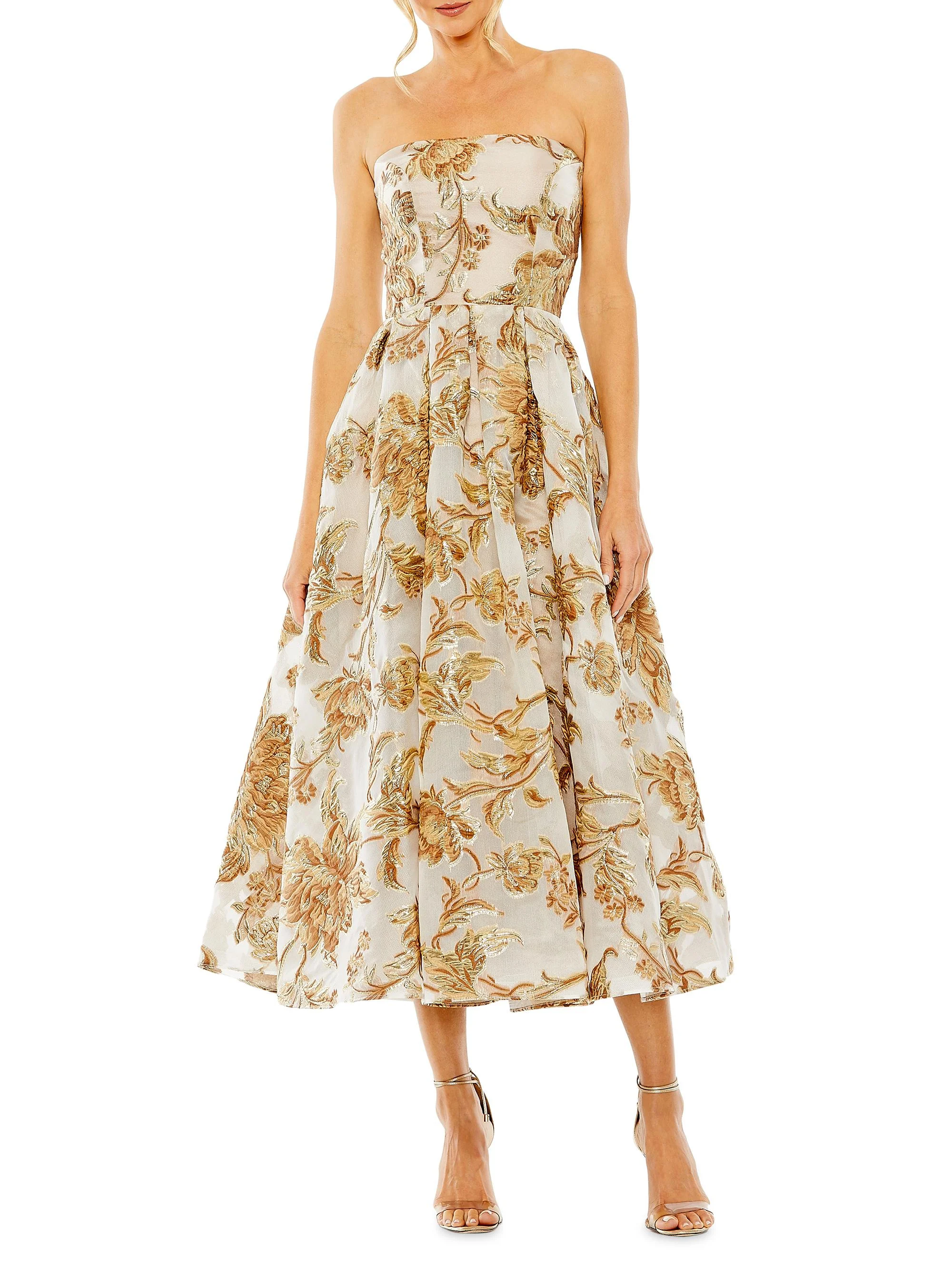 Women's Strapless Brocade Midi-Dress - Bronze - 1