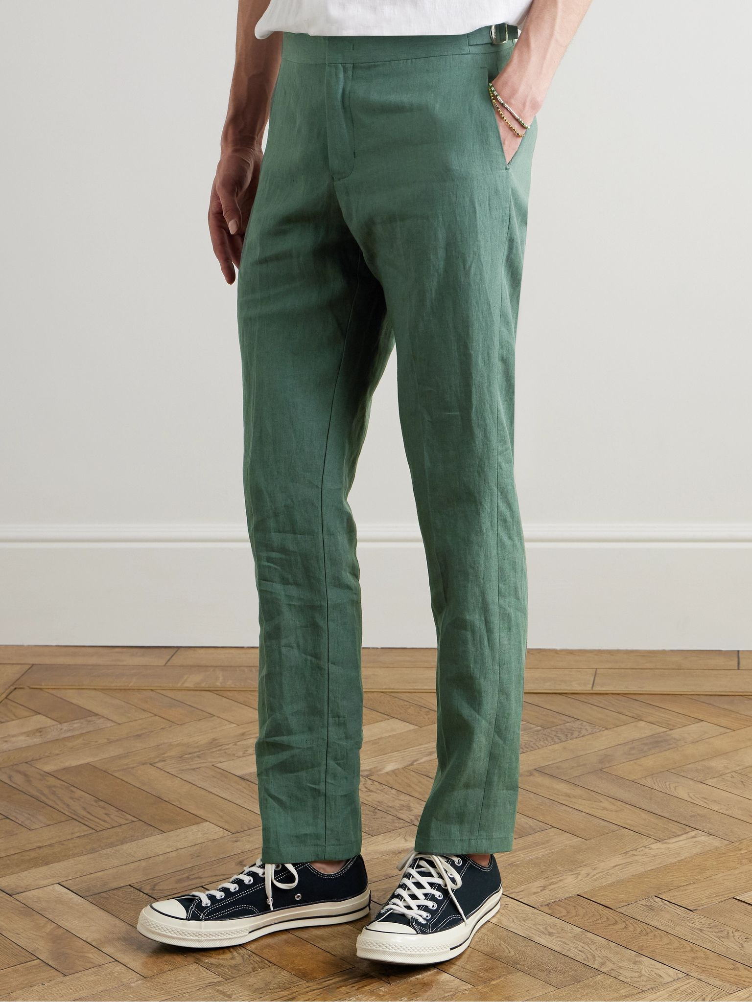 Griffon Tapered Linen Trousers Green - 3