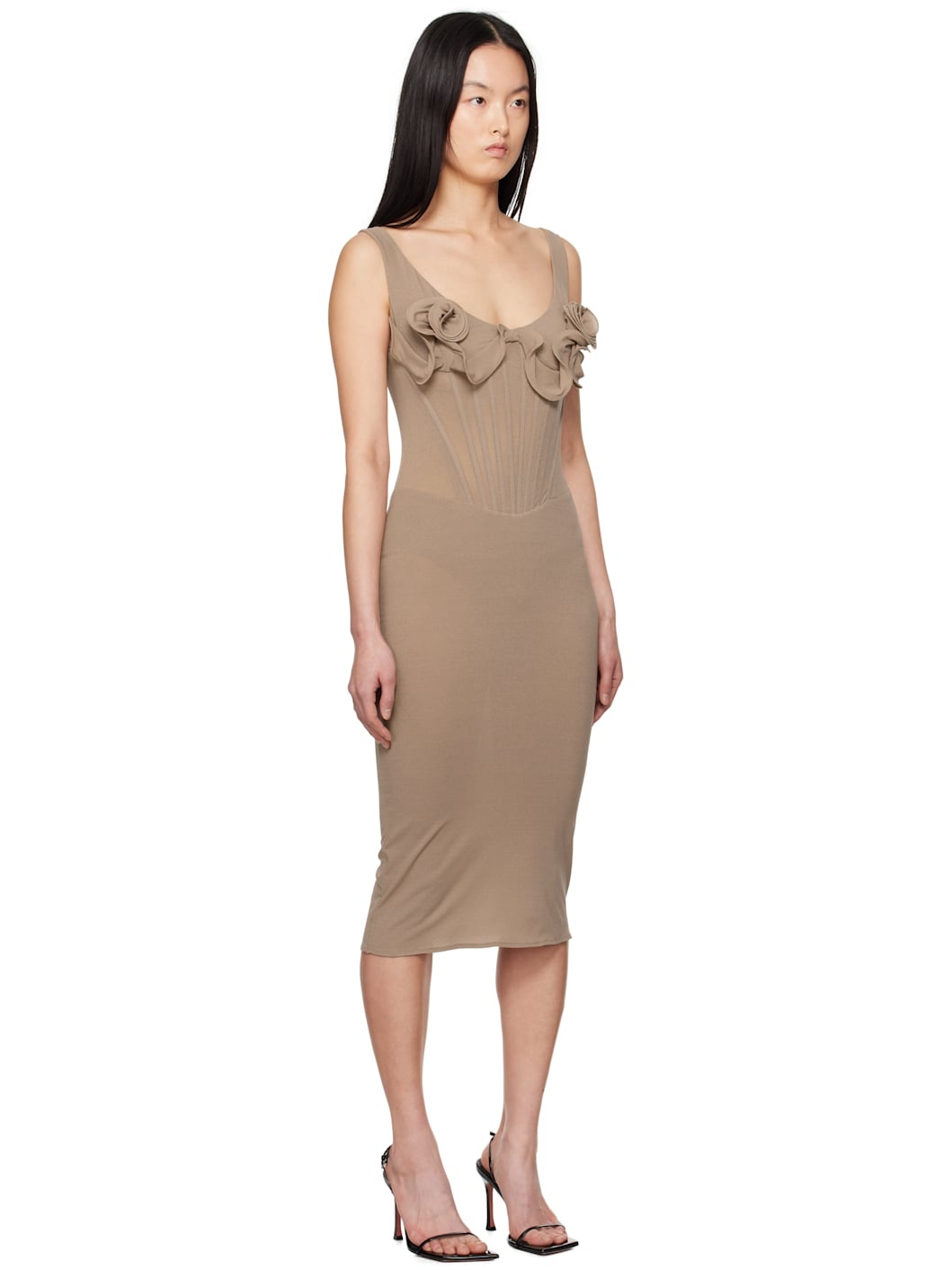 Beige Flower Bustier Midi Dress - 2