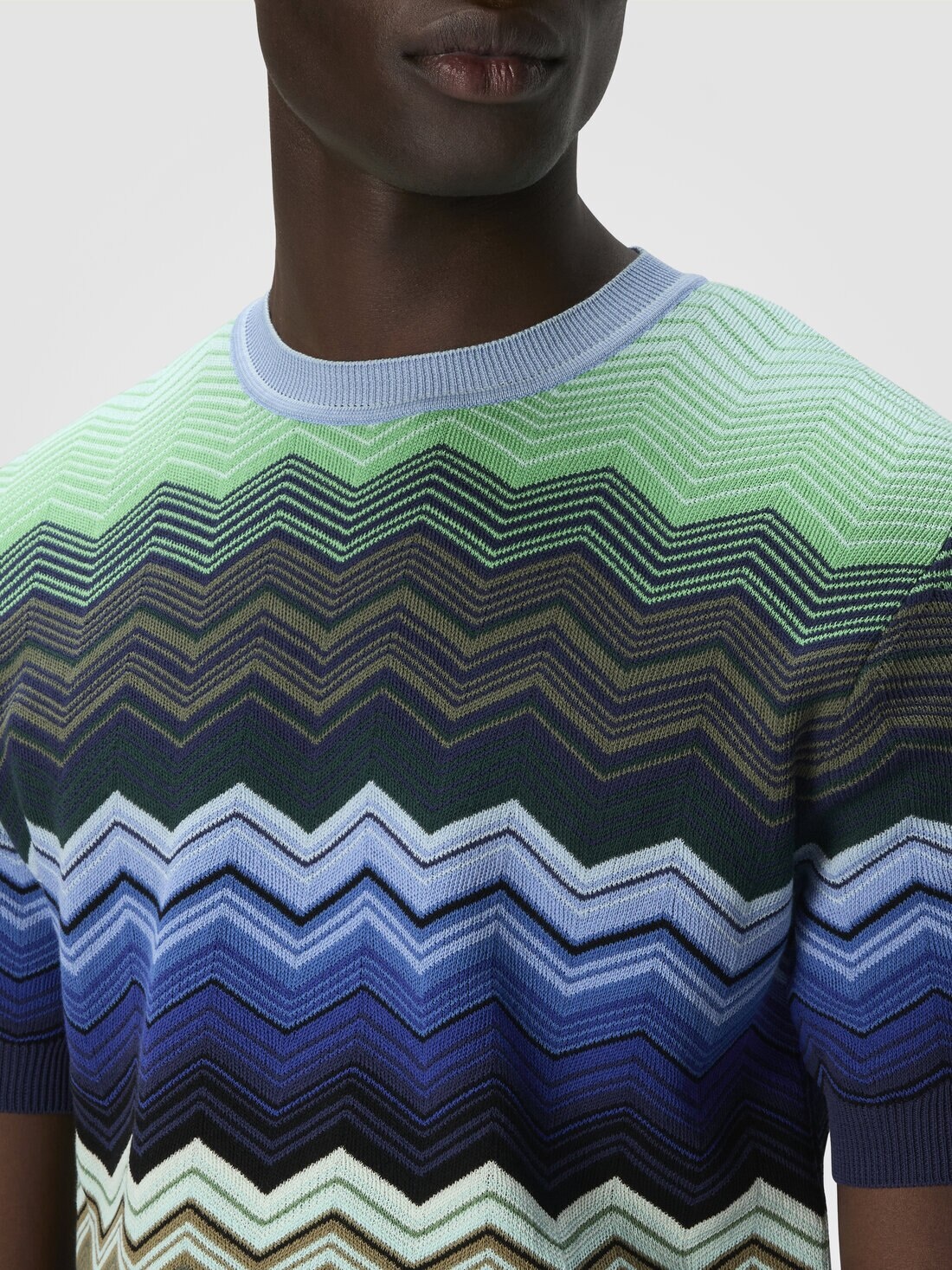 Zig zag cotton knit crewneck T-shirt with contrasting piping - 5