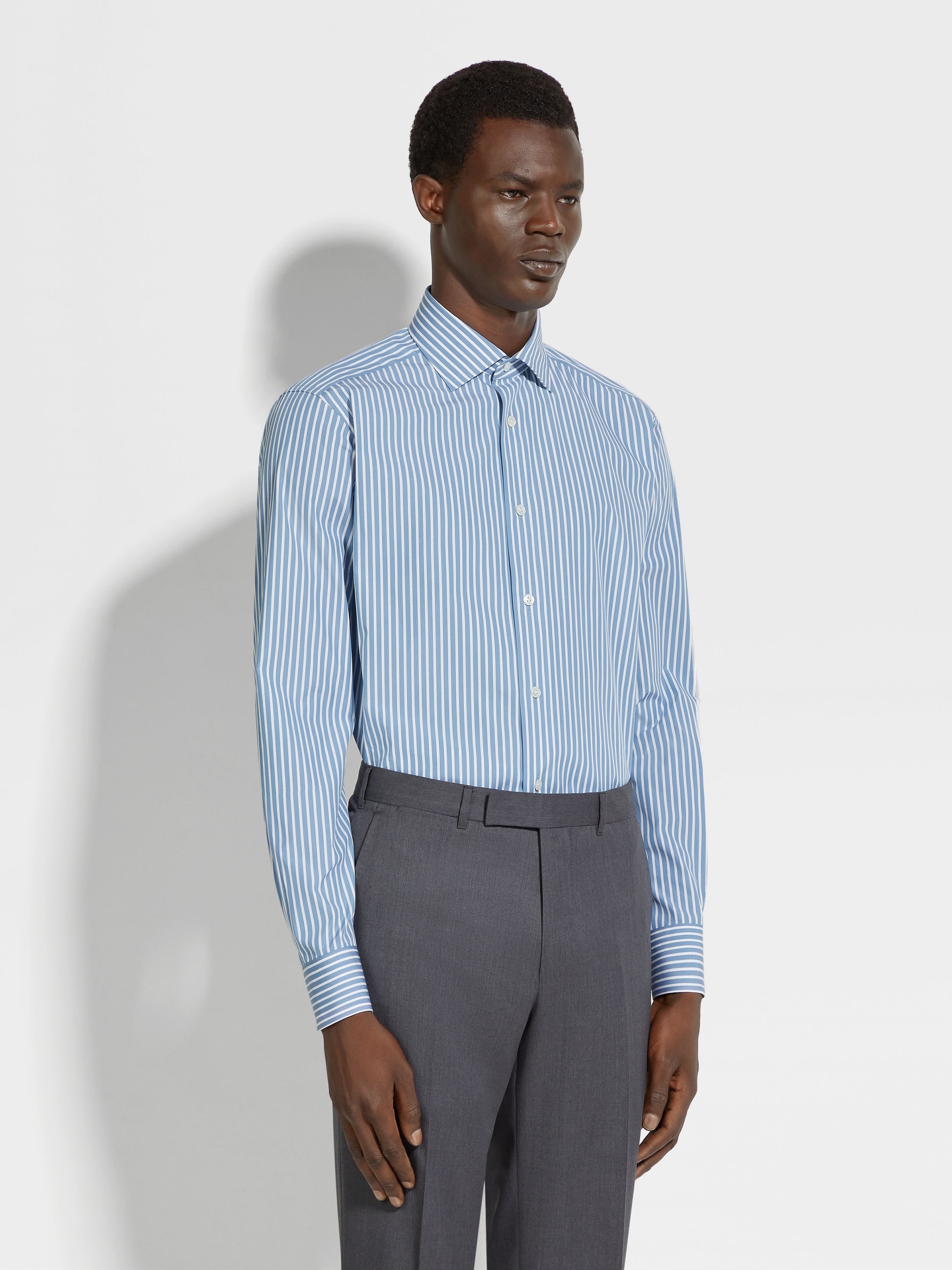 DARK BLUE AND WHITE MACRO-STRIPED CENTOVENTIMILA COTTON SHIRT - 3
